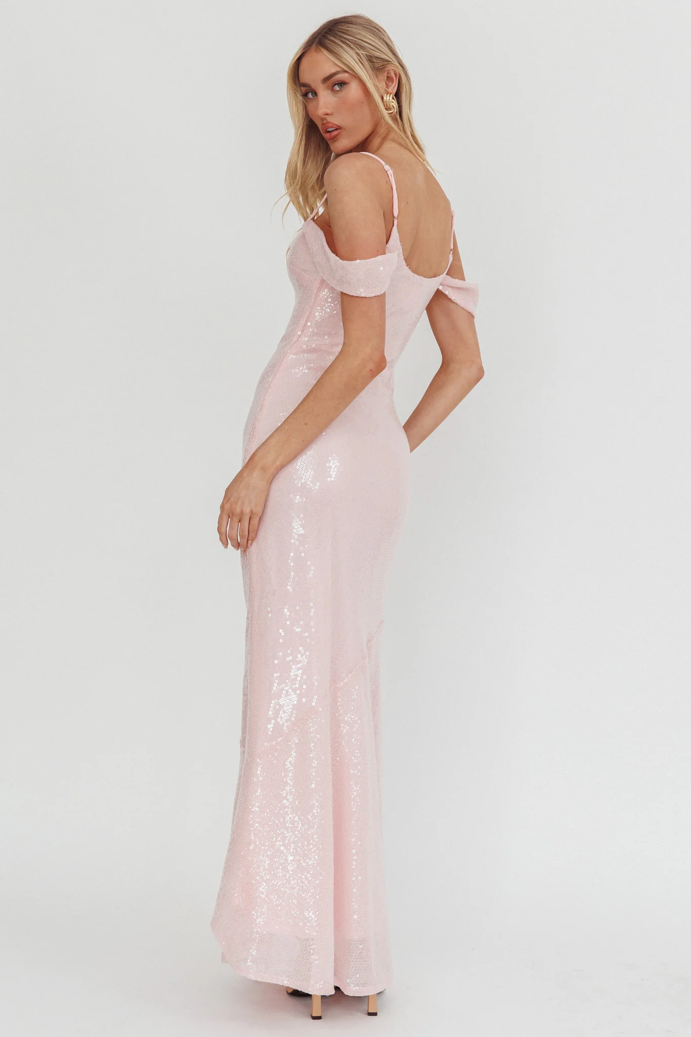 Madrid Sunset Off-Shoulder Sequin Maxi Dress Pink - Image 3