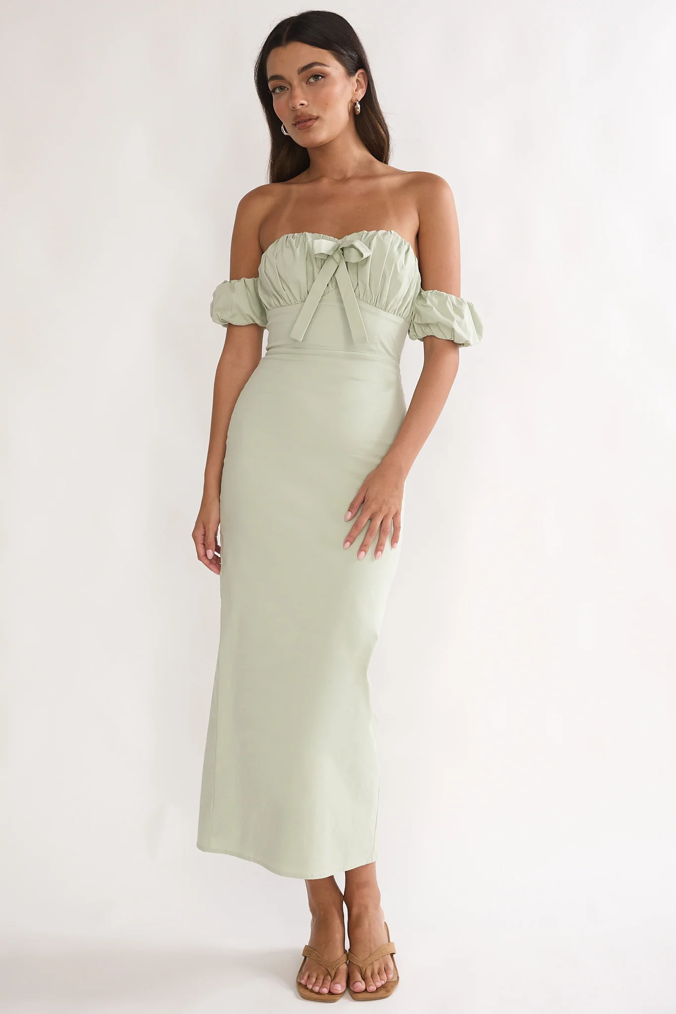 Maelis Off-Shoulder Puff Sleeve Maxi Dress Sage - Image 2