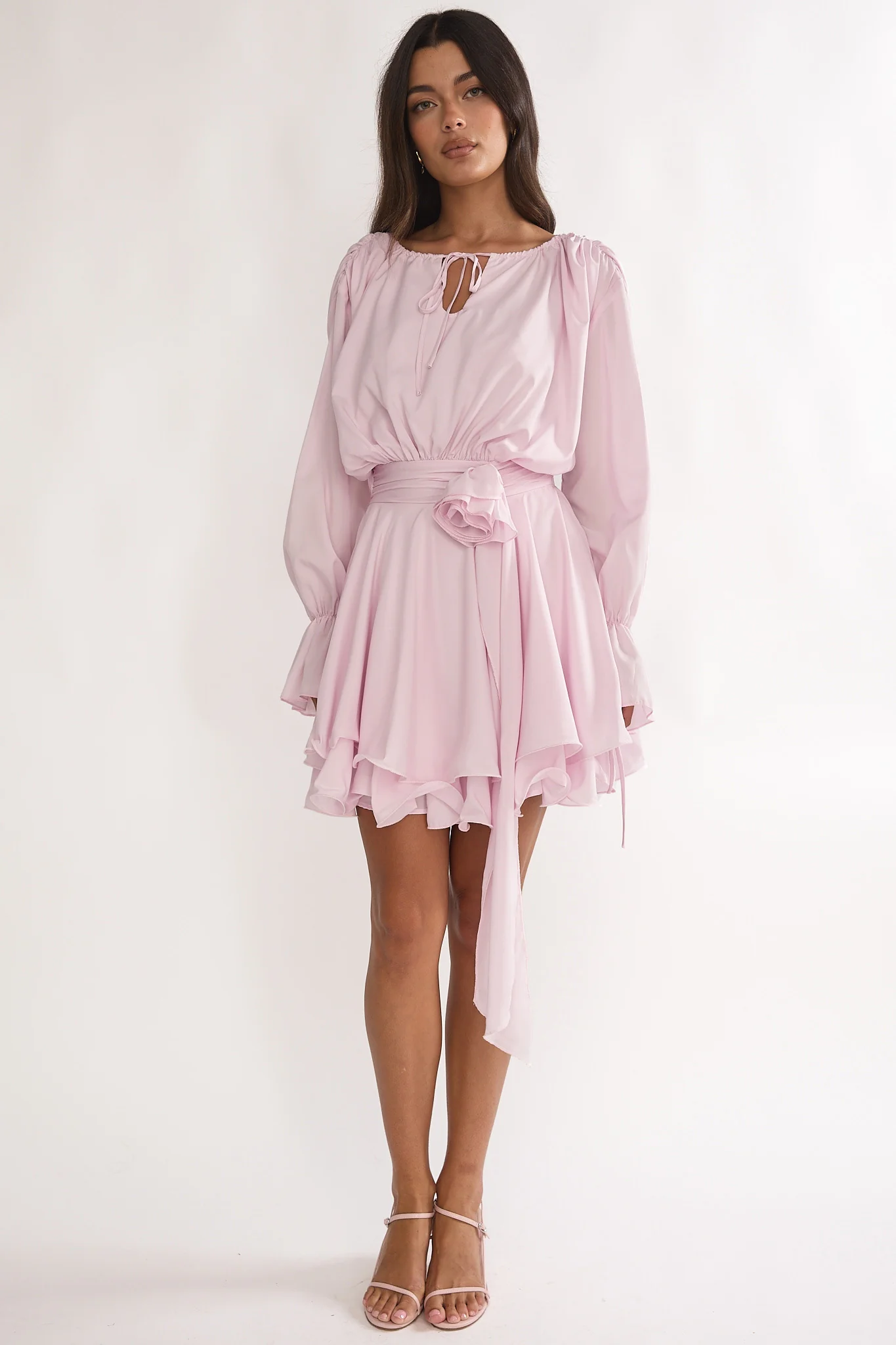 Maeva Long Balloon Sleeve Rosette Mini Dress Baby Pink - Image 2