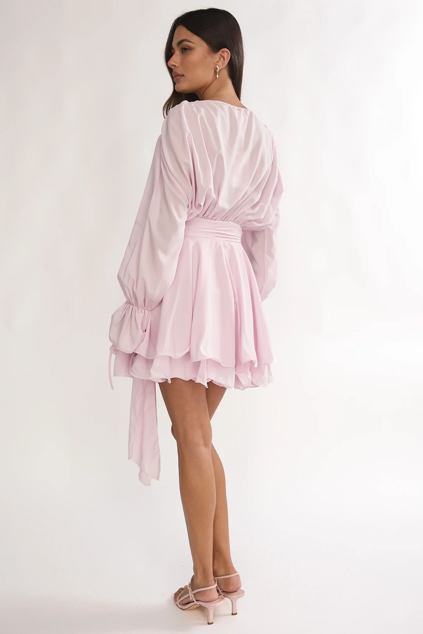 Maeva Long Balloon Sleeve Rosette Mini Dress Baby Pink - Image 3