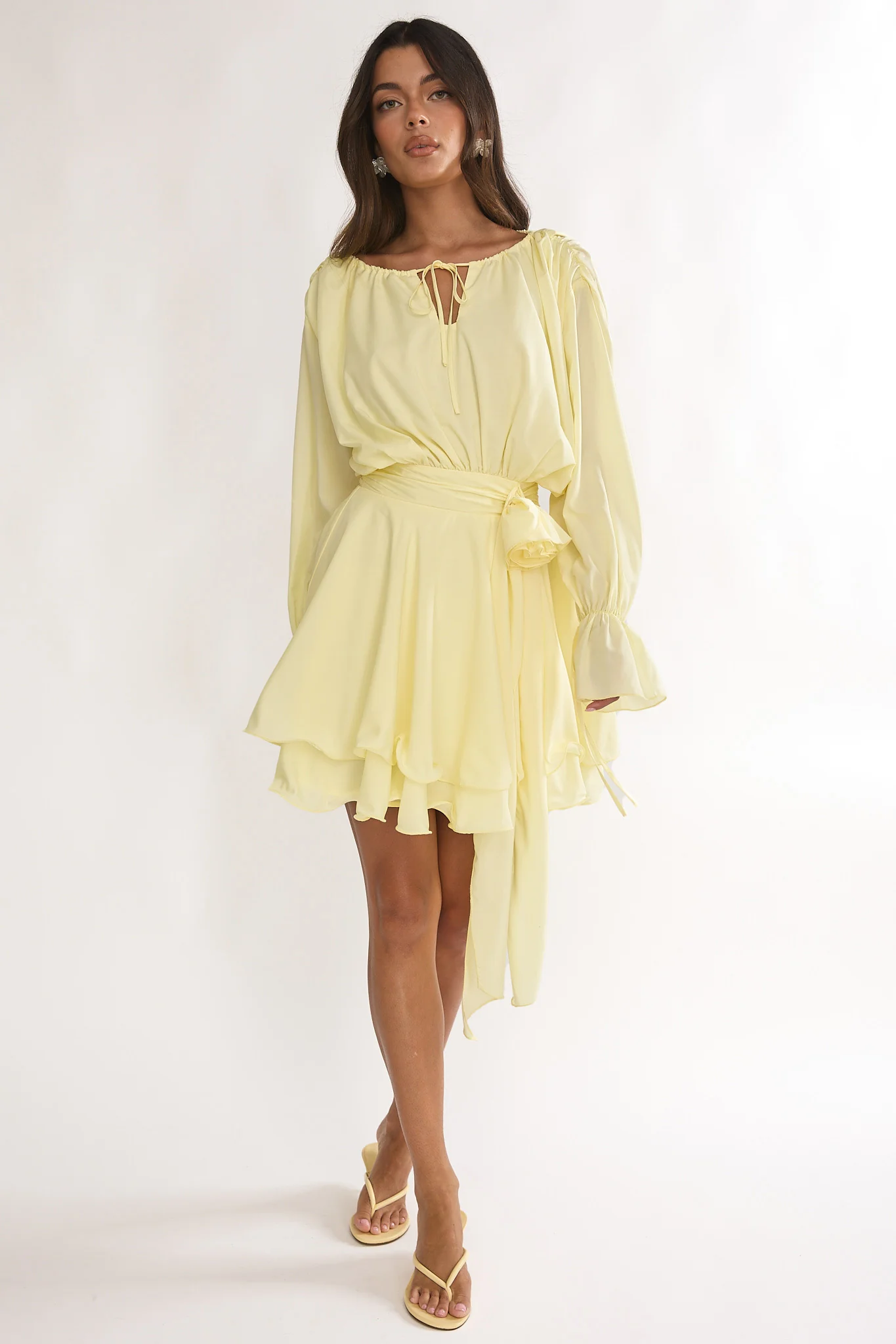 Maeva Long Balloon Sleeve Rosette Mini Dress Lemon - Image 2