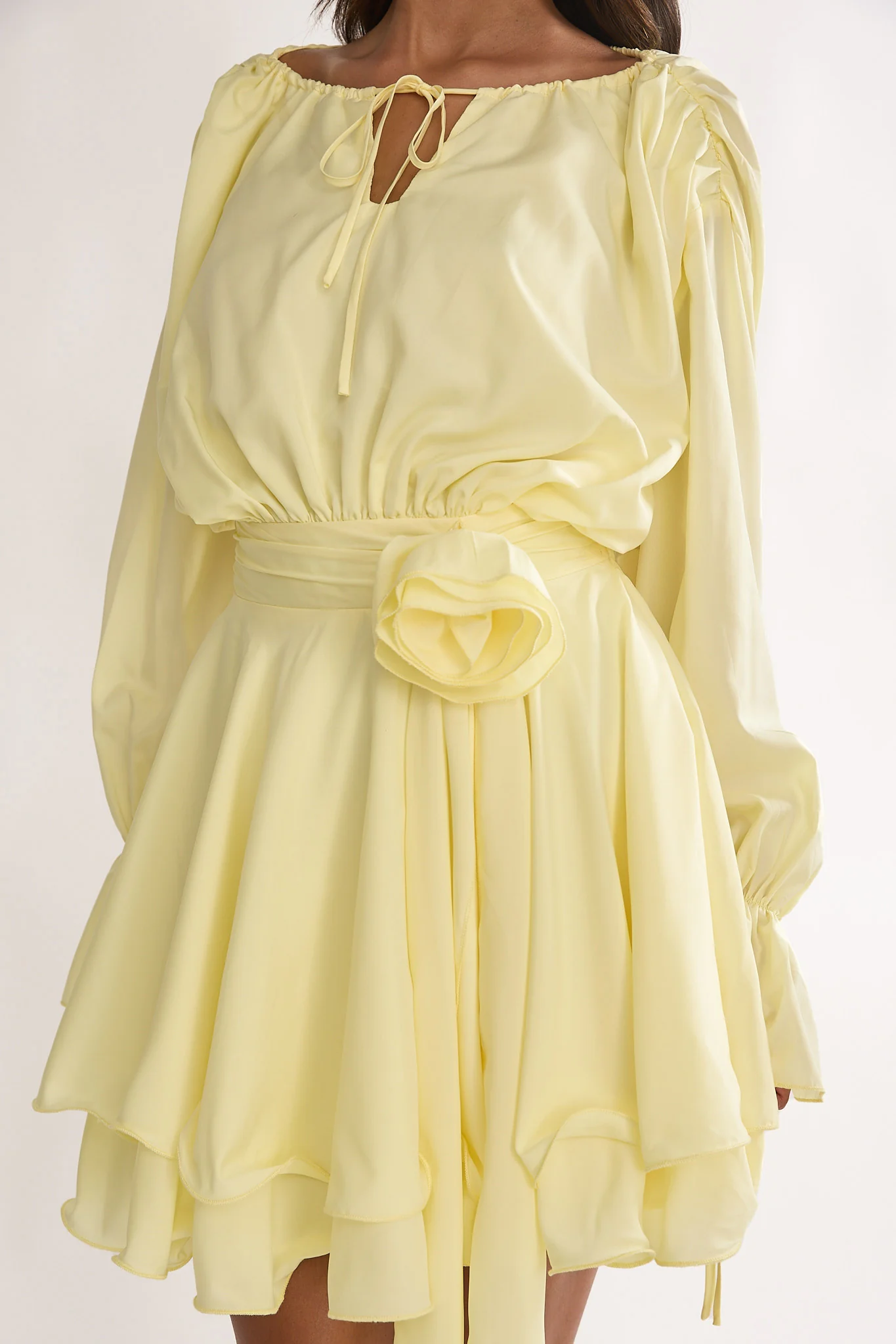 Maeva Long Balloon Sleeve Rosette Mini Dress Lemon - Image 4