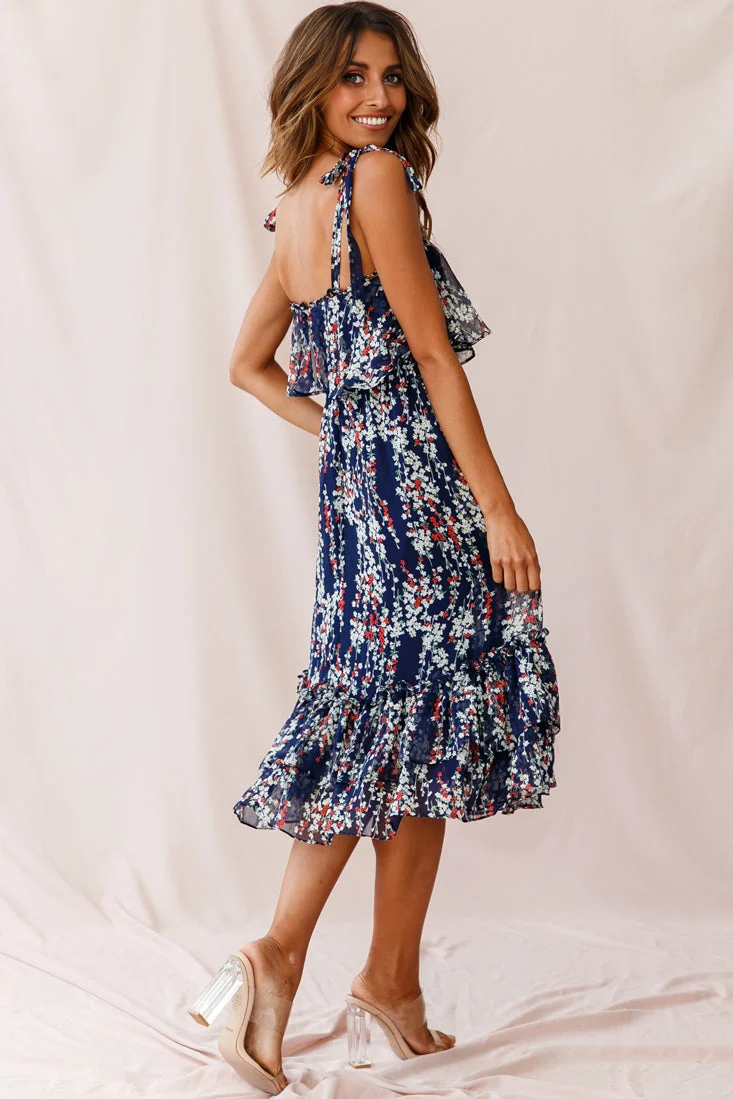 Maeve Shoulder Tie Layered Ruffle Dress Navy - Image 3