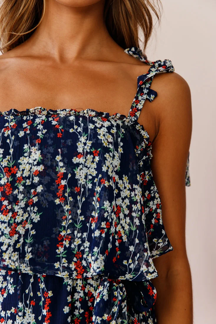 Maeve Shoulder Tie Layered Ruffle Dress Navy - Image 4