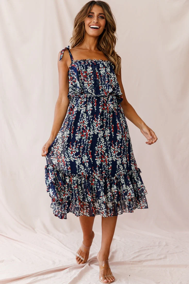 Maeve Shoulder Tie Layered Ruffle Dress Navy - Image 5