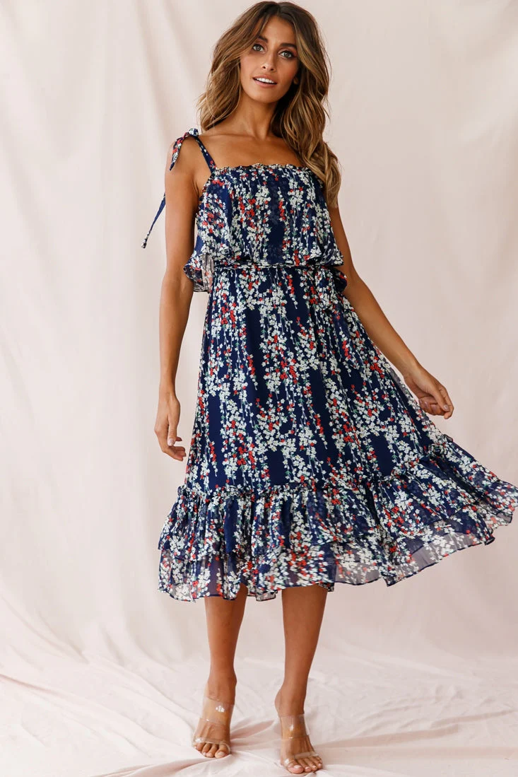 Maeve Shoulder Tie Layered Ruffle Dress Navy - Image 6