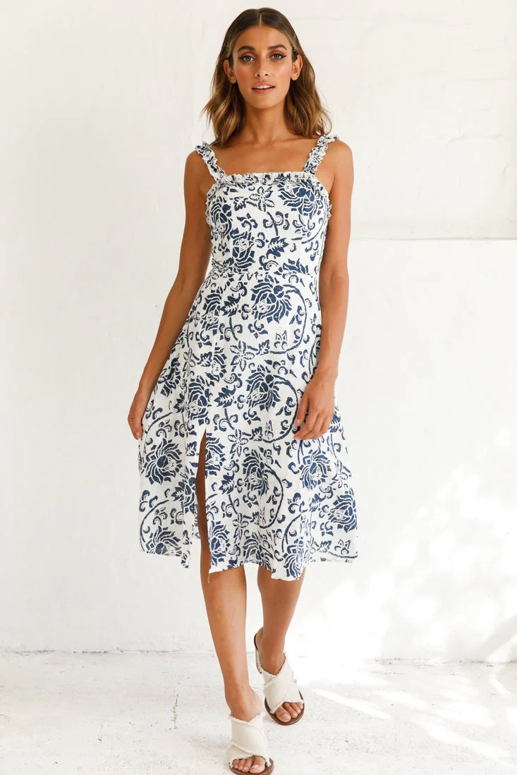 Magdalene Frill Strap A-Line Midi Dress Floral Print White - Image 6