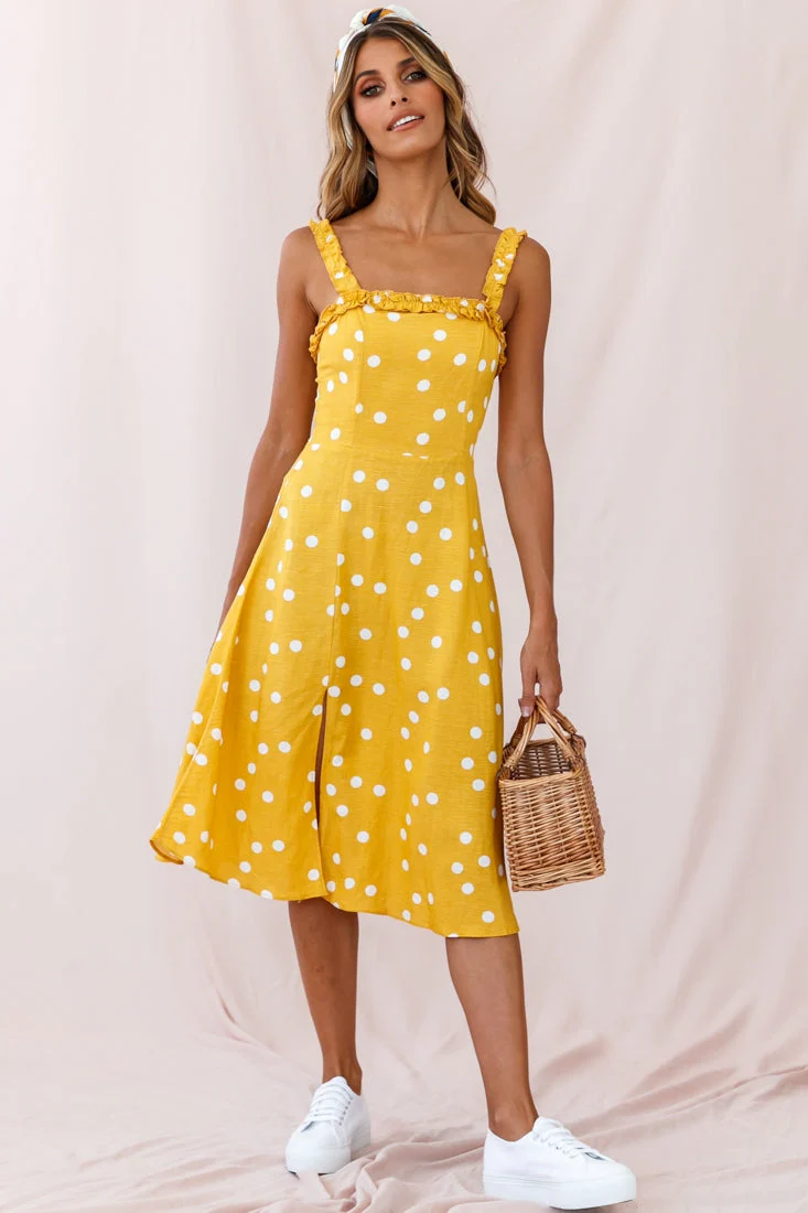 Magdalene Frill Strap A-Line Midi Dress Yellow Mustard - Image 2