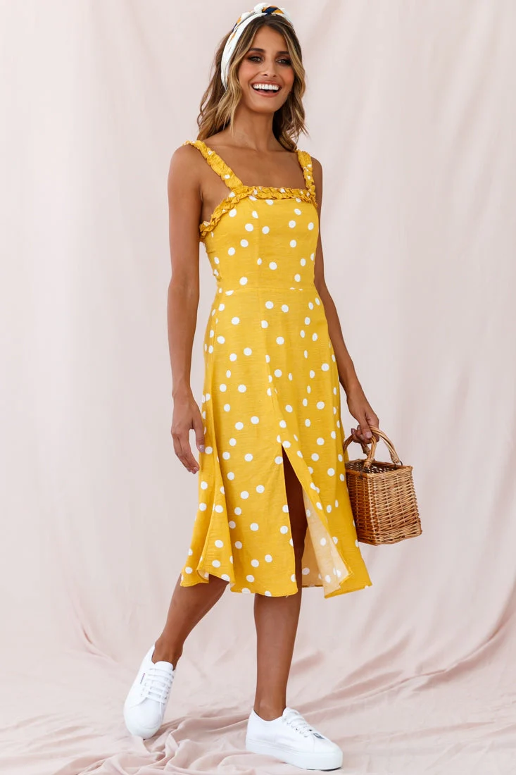 Magdalene Frill Strap A-Line Midi Dress Yellow Mustard - Image 3