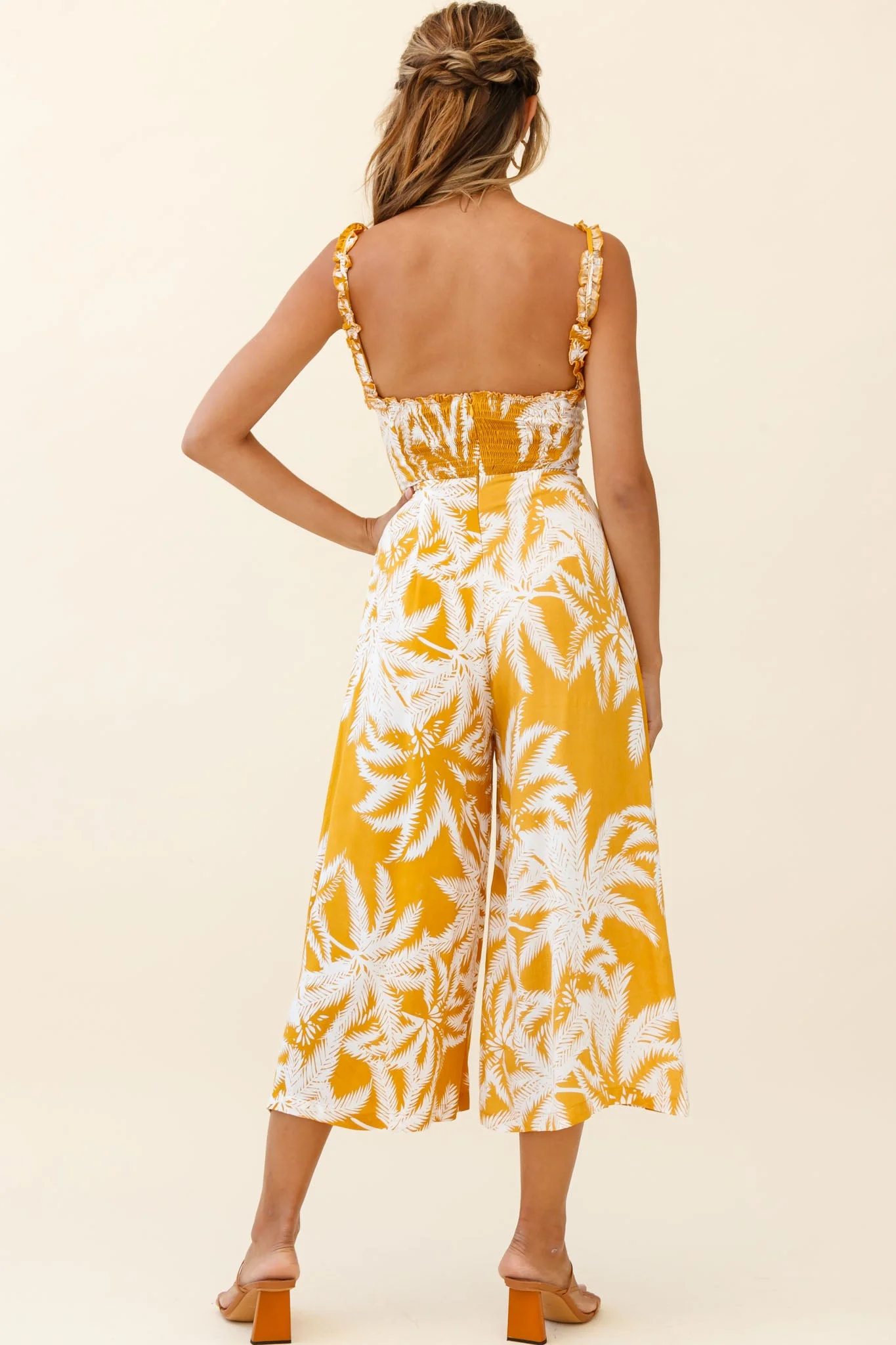 Magdalene Frill Strap Midi Jumpsuit Palm Print Yellow - Image 5