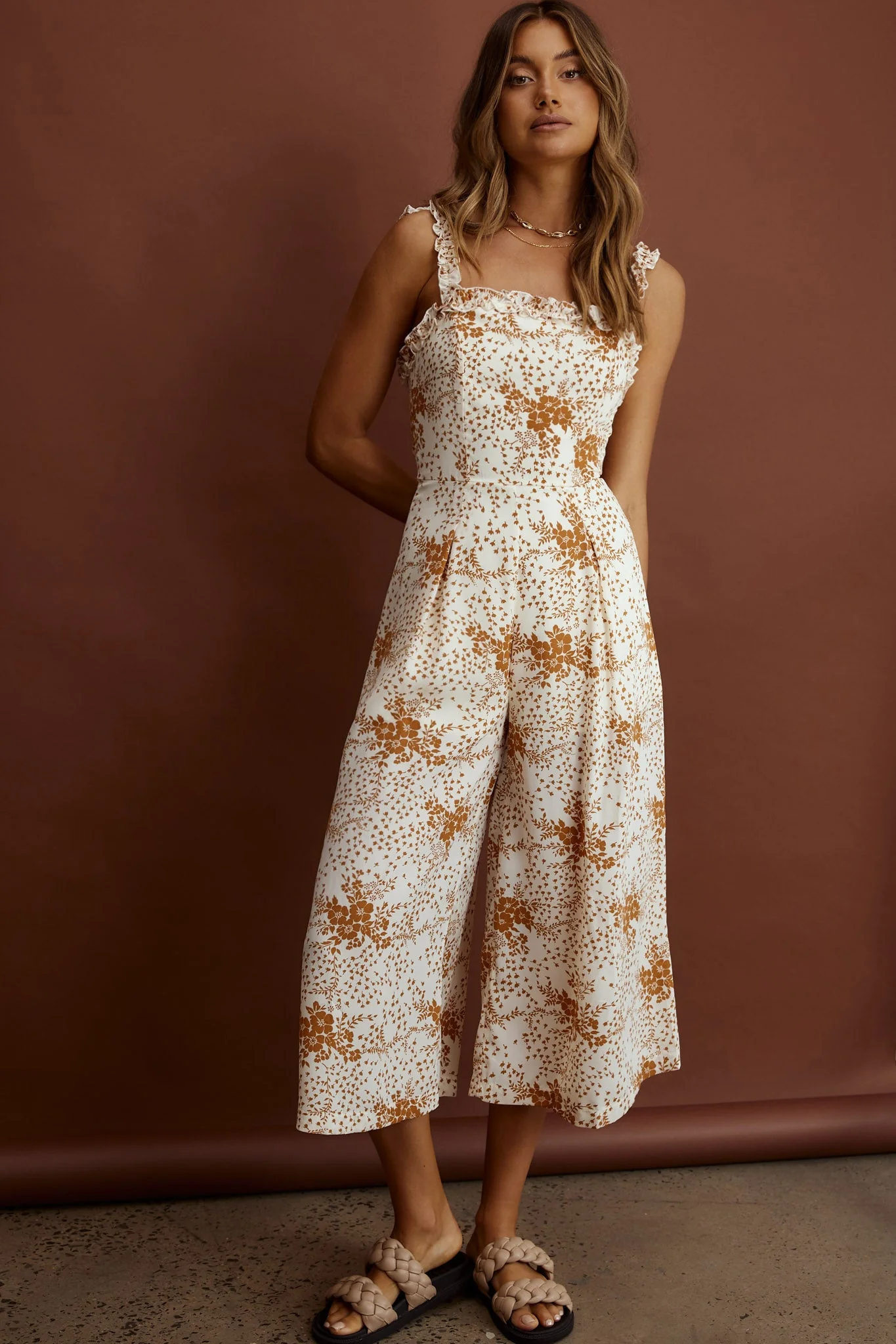 Magdalene Frill Strap Midi Jumpsuit Vintage Floral Tan - Image 4