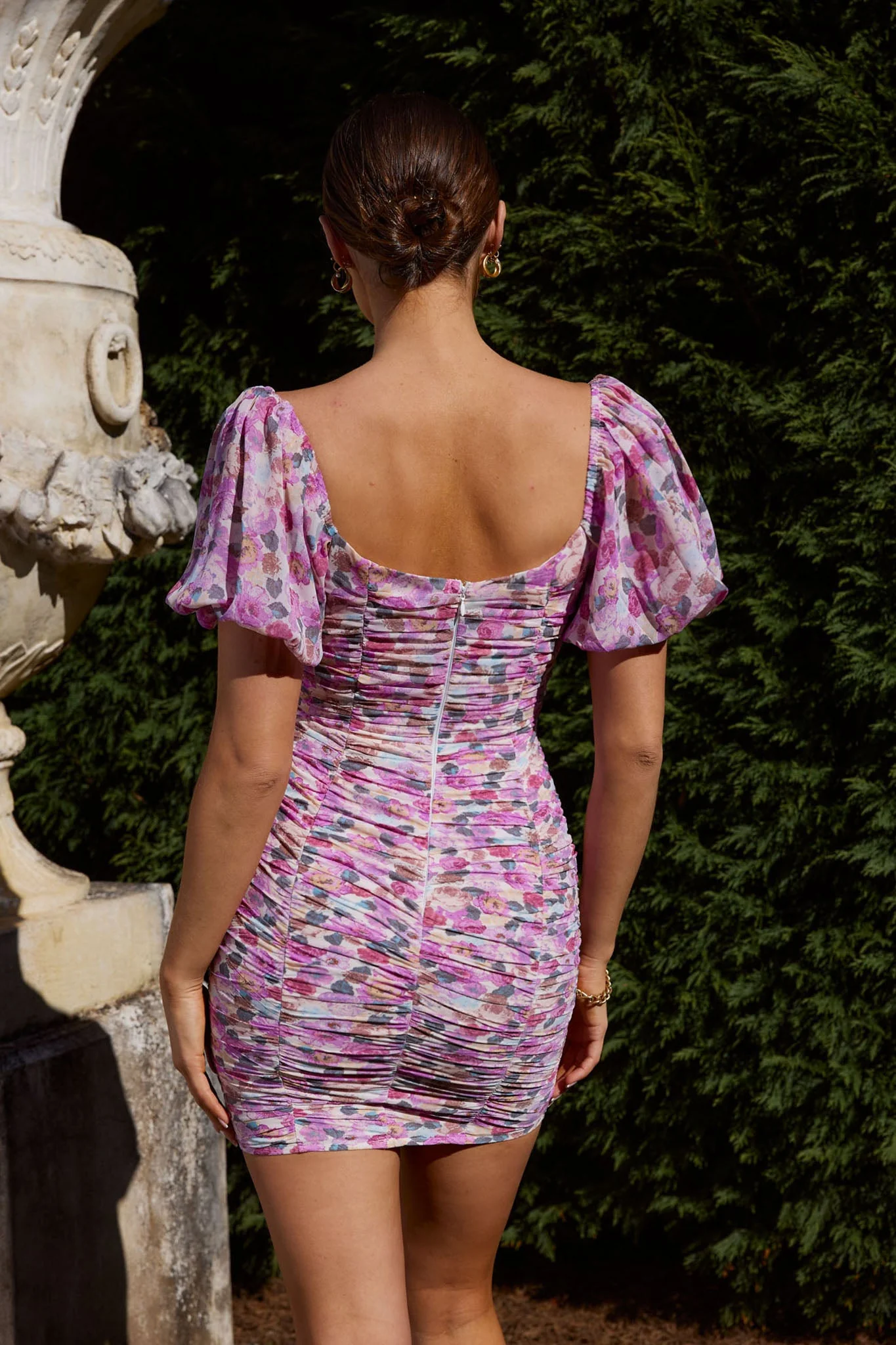 Magic Moment Ruched Drawstring Mini Dress Rose Print Purple - Image 8