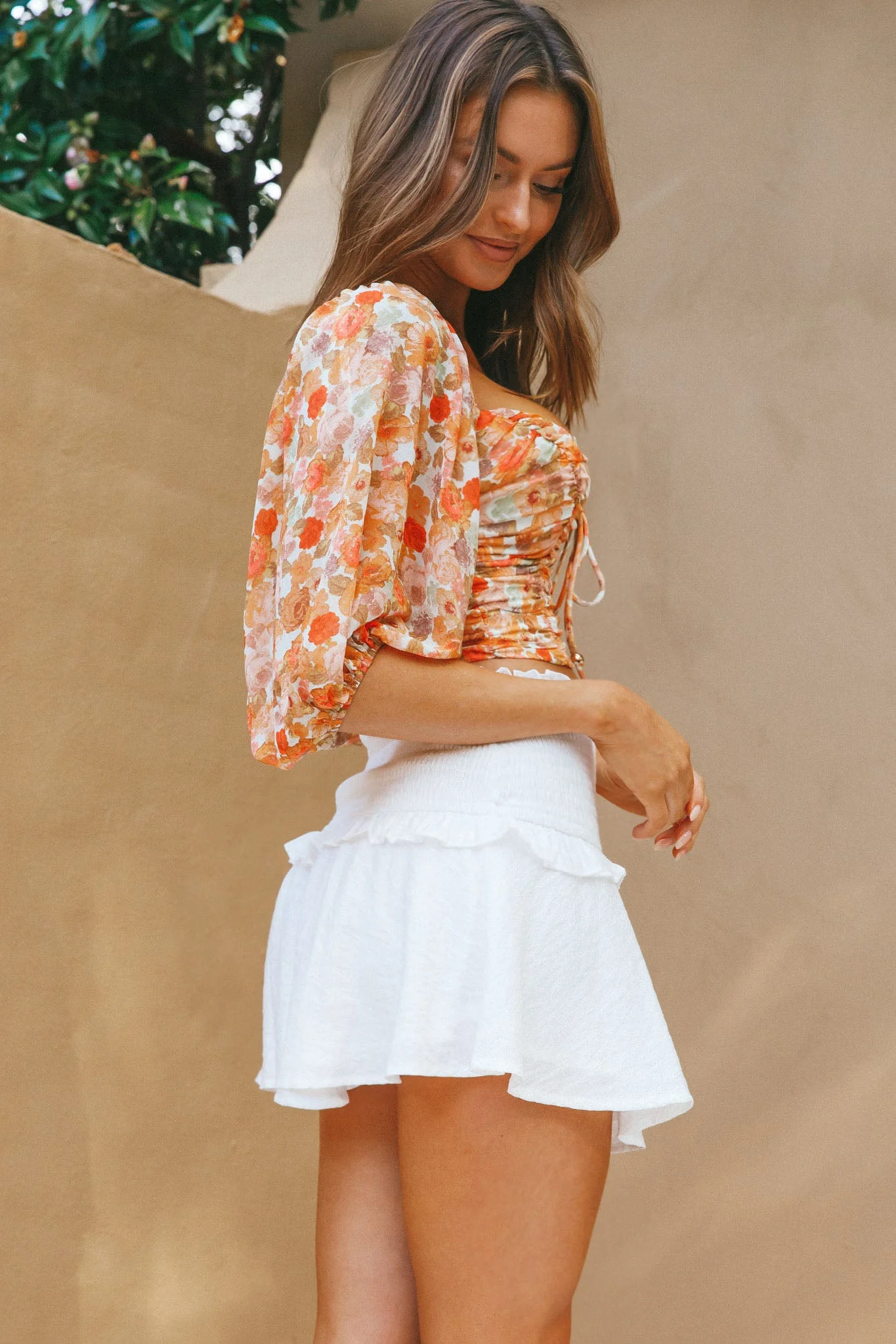 Magic Moment Ruched Tie Bust Crop Top Floral Print Orange - Image 8
