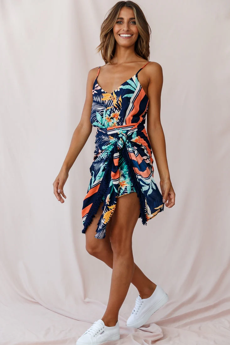 Mahalo Tassel Detail Tropical Romper Navy - Image 2
