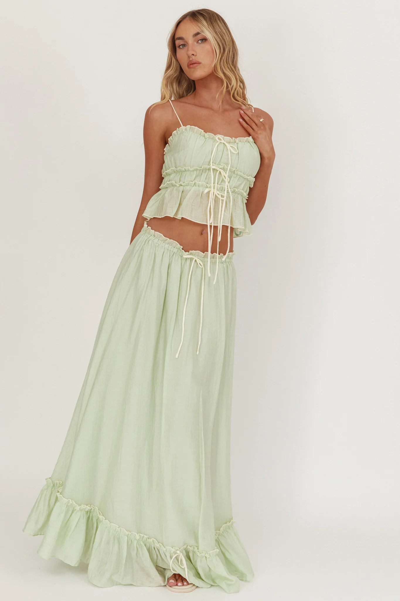Maidens Tie Detail Overlock Top Sage - Image 4