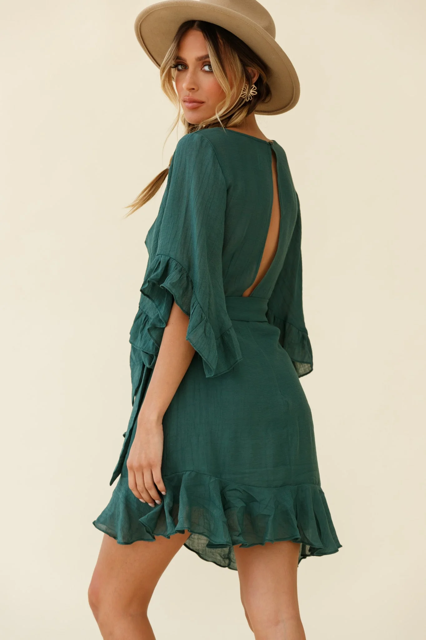 Make It Happen Flared Sleeve Ruffle Trim Dress Green - Image 3