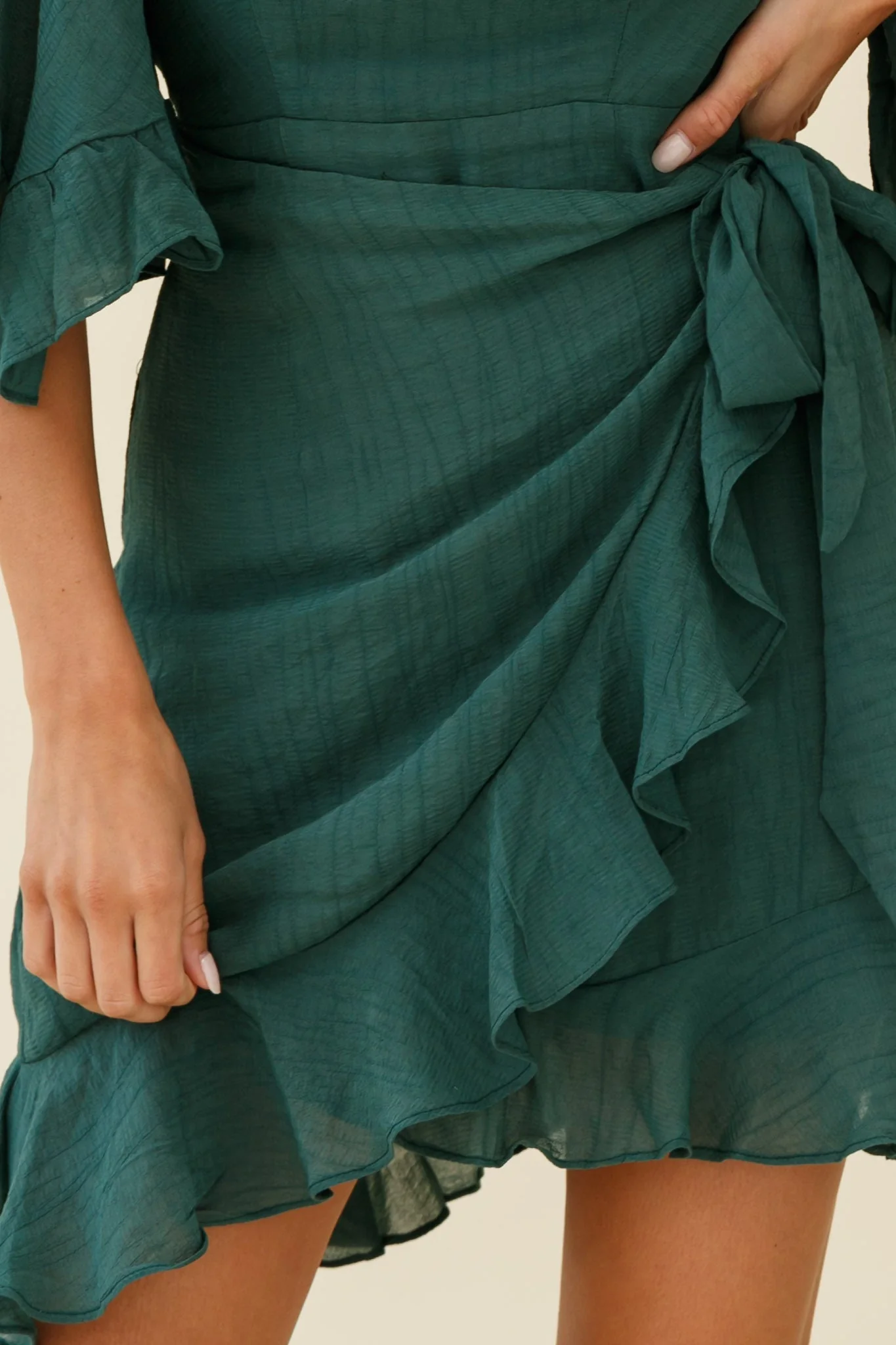Make It Happen Flared Sleeve Ruffle Trim Dress Green - Image 4