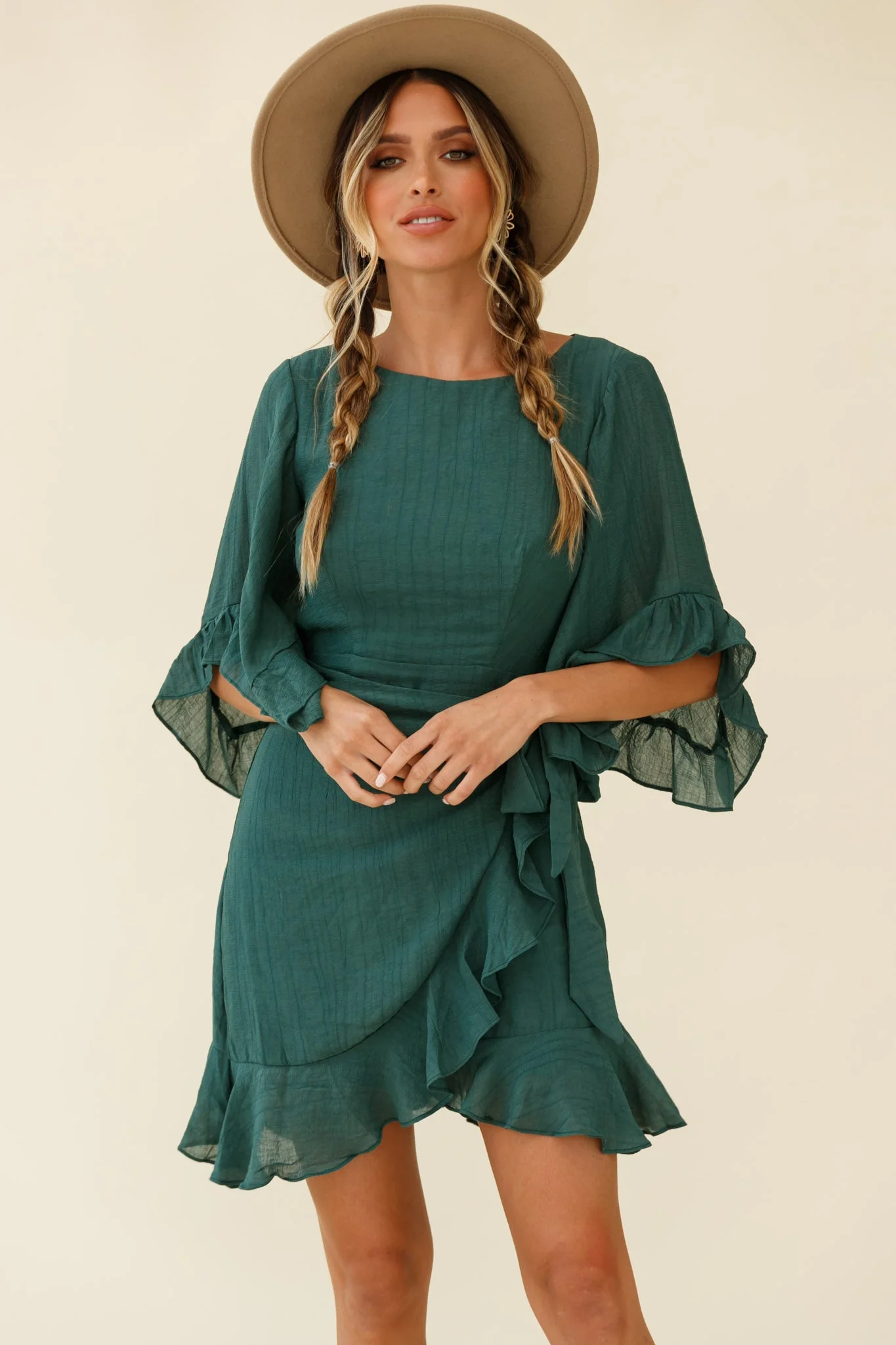 Make It Happen Flared Sleeve Ruffle Trim Dress Green - Image 5