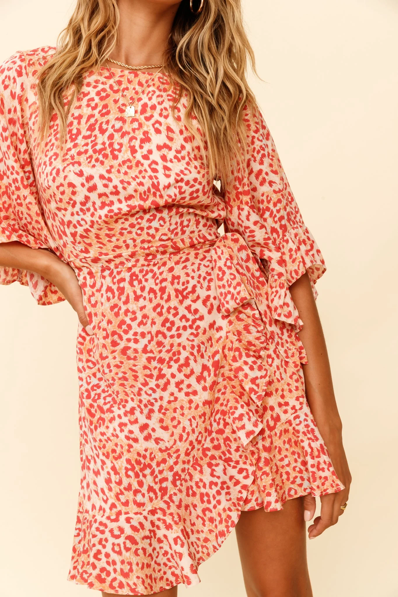 Make It Happen Flared Sleeve Ruffle Trim Dress Leopard Print Orange - Image 4
