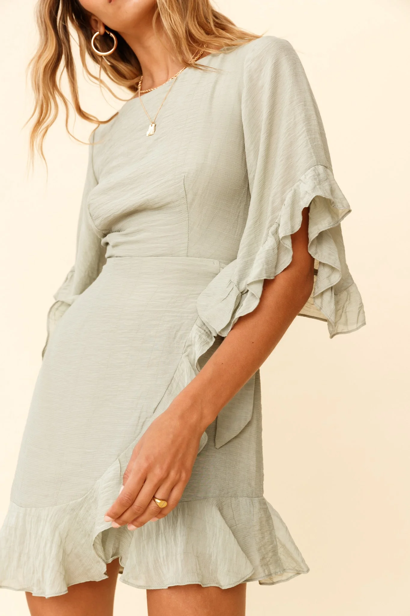 Make It Happen Flared Sleeve Ruffle Trim Dress Pistachio - Image 4