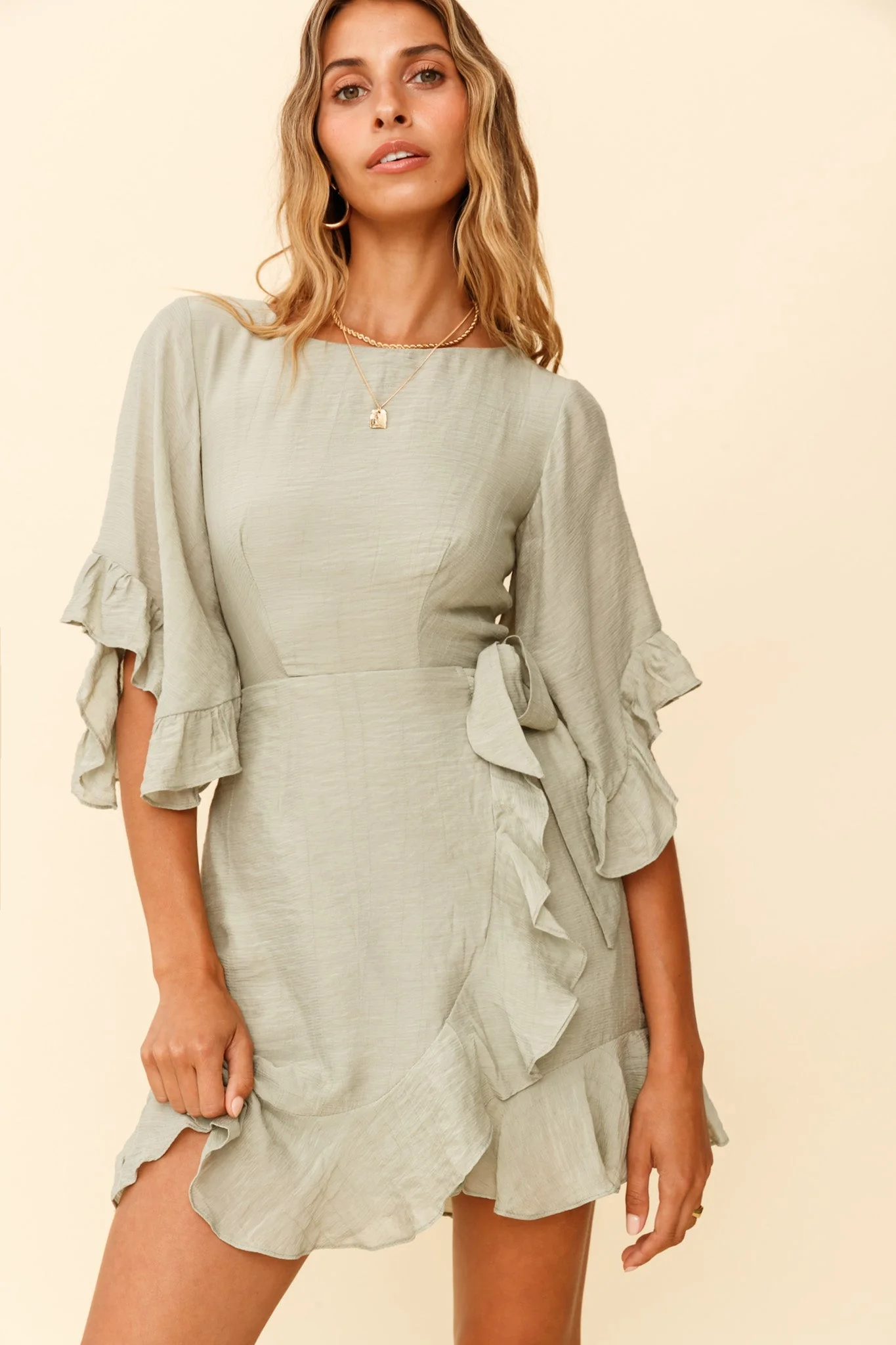 Make It Happen Flared Sleeve Ruffle Trim Dress Pistachio - Image 5