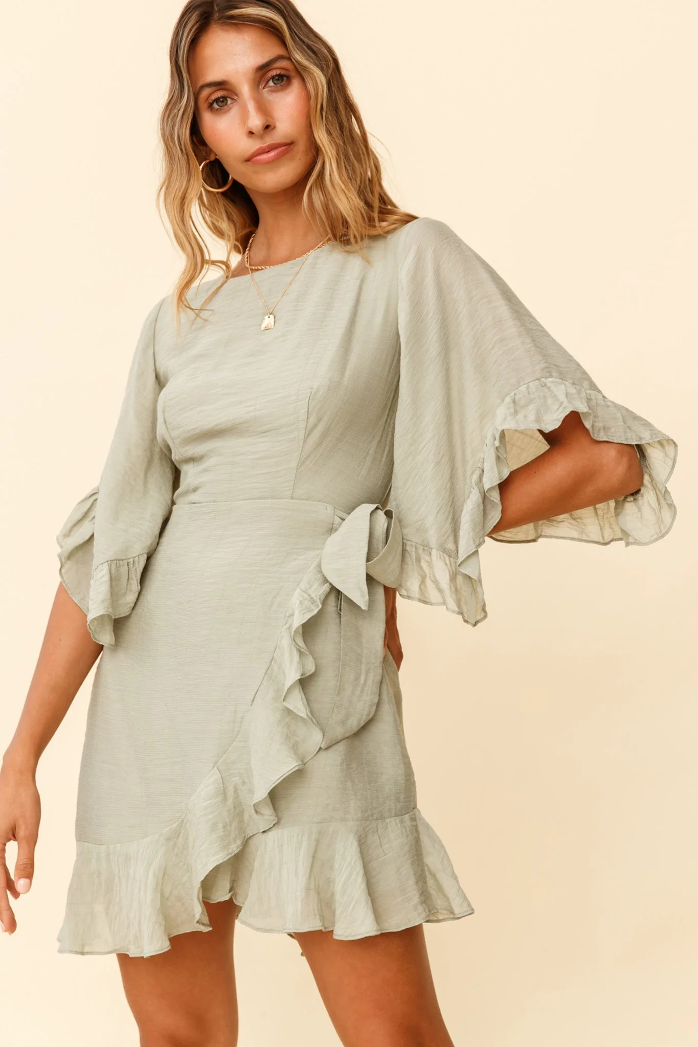Make It Happen Flared Sleeve Ruffle Trim Dress Pistachio - Image 6
