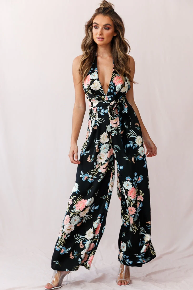 Make Me Halterneck Low Back Jumpsuit Floral Print Black - Image 2
