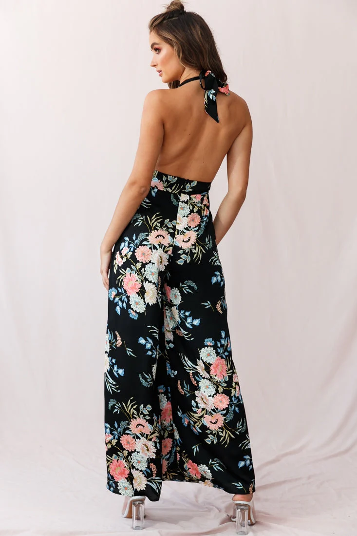 Make Me Halterneck Low Back Jumpsuit Floral Print Black - Image 3