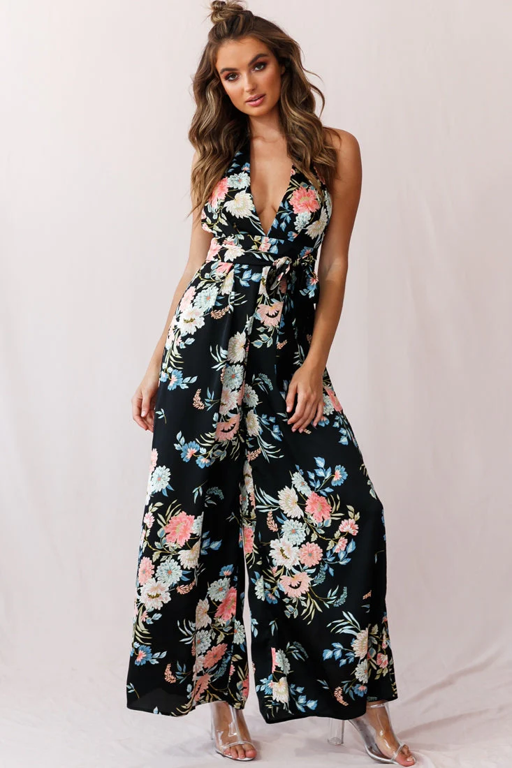 Make Me Halterneck Low Back Jumpsuit Floral Print Black - Image 6