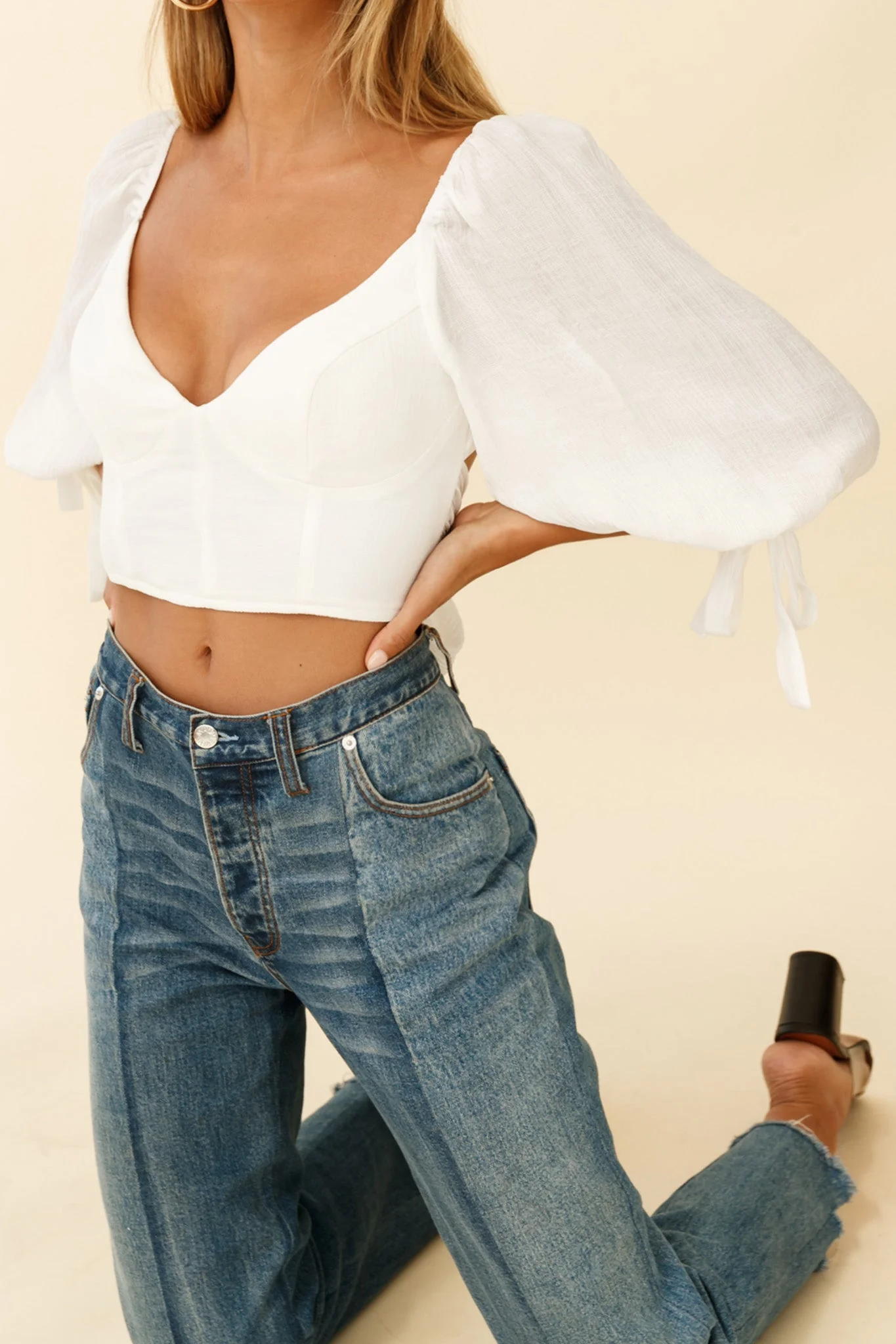 Make Memories Balloon Sleeve Molded Bust Crop Top White - Image 3