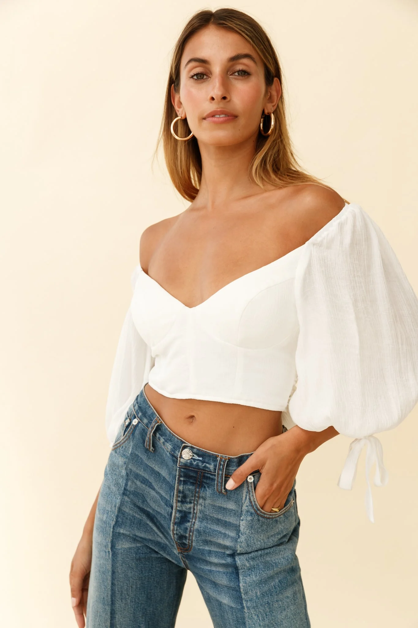 Make Memories Balloon Sleeve Molded Bust Crop Top White - Image 7