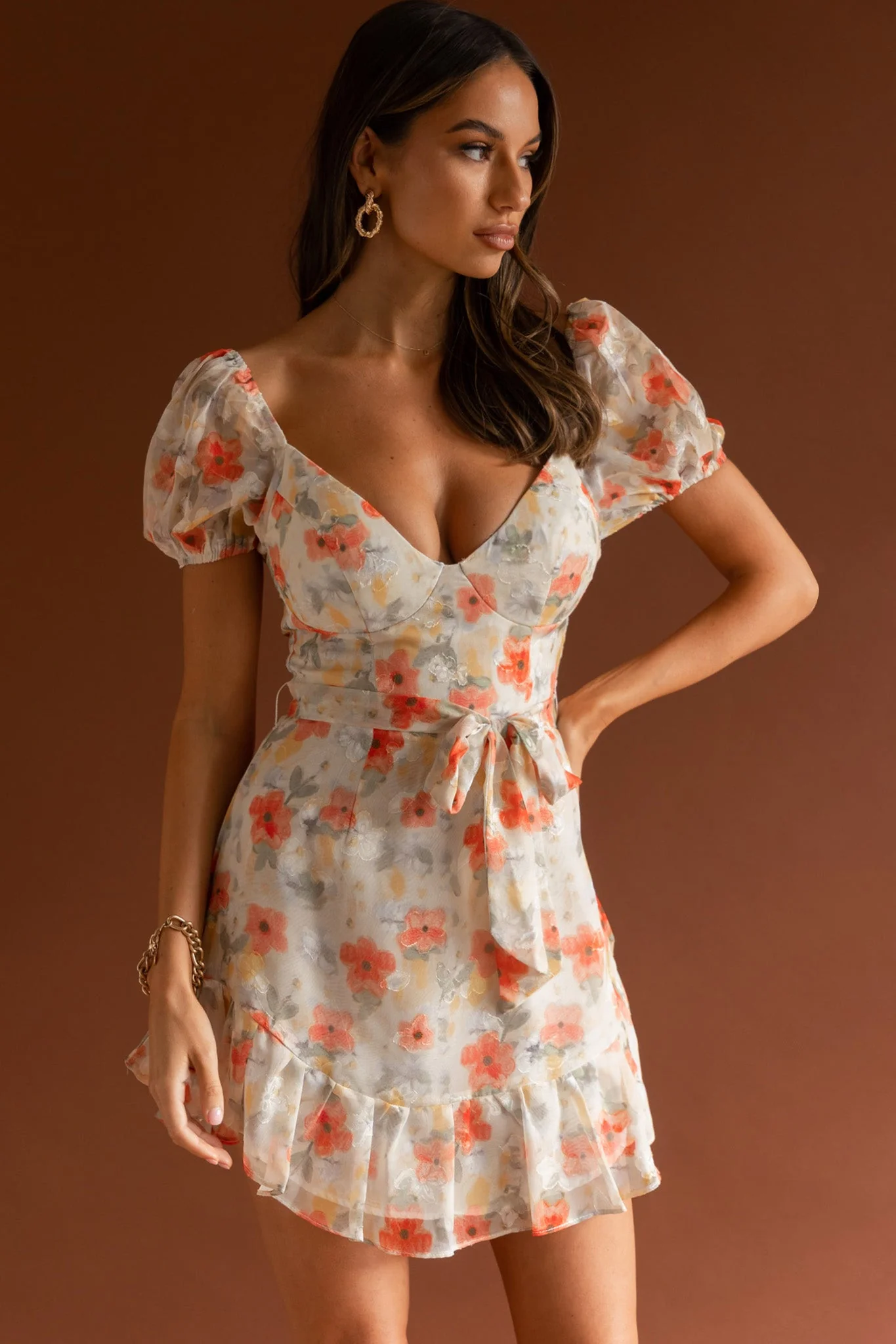 Make Memories Puff Sleeve Dress Floral Orange - Image 4