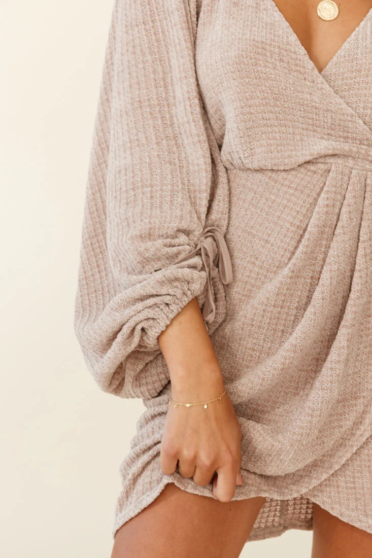 Make Way Balloon Sleeve Knit Wrap Dress Taupe - Image 6