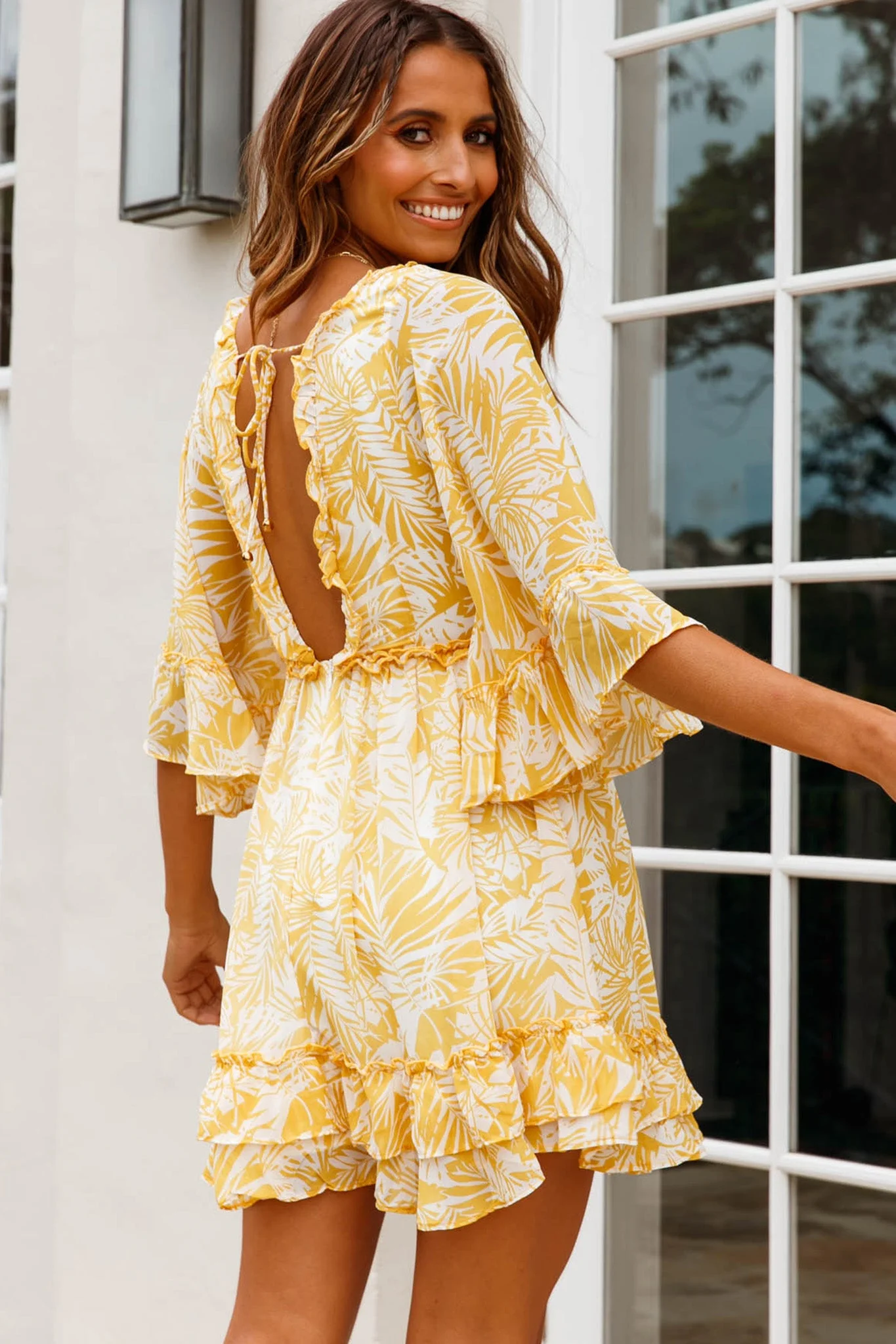 Making Me Blush Bell Sleeve Frill Trim Dress Tropical Print Yellow - Image 2