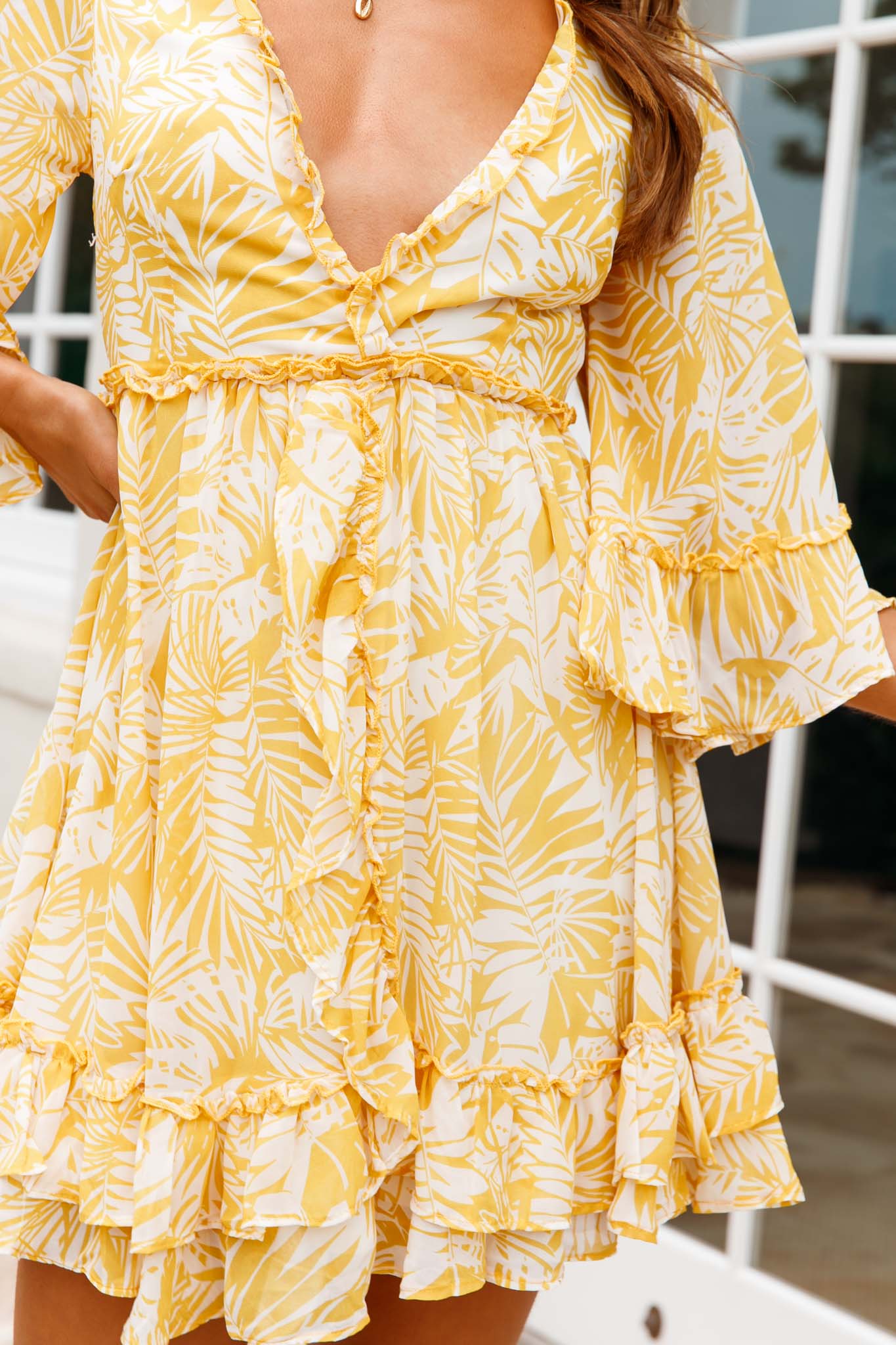 Making Me Blush Bell Sleeve Frill Trim Dress Tropical Print Yellow - Image 4
