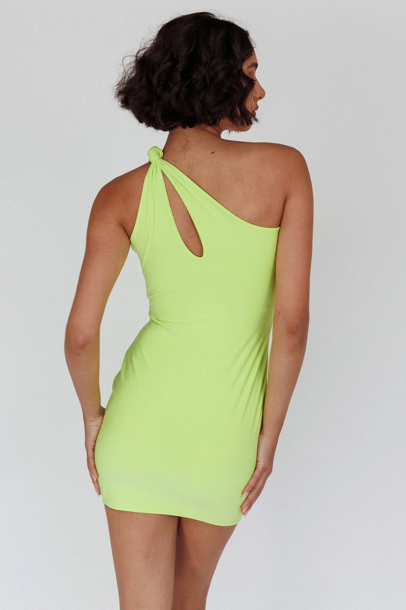 Malaga One-Shoulder Keyhole Mini Dress Lime - Image 2