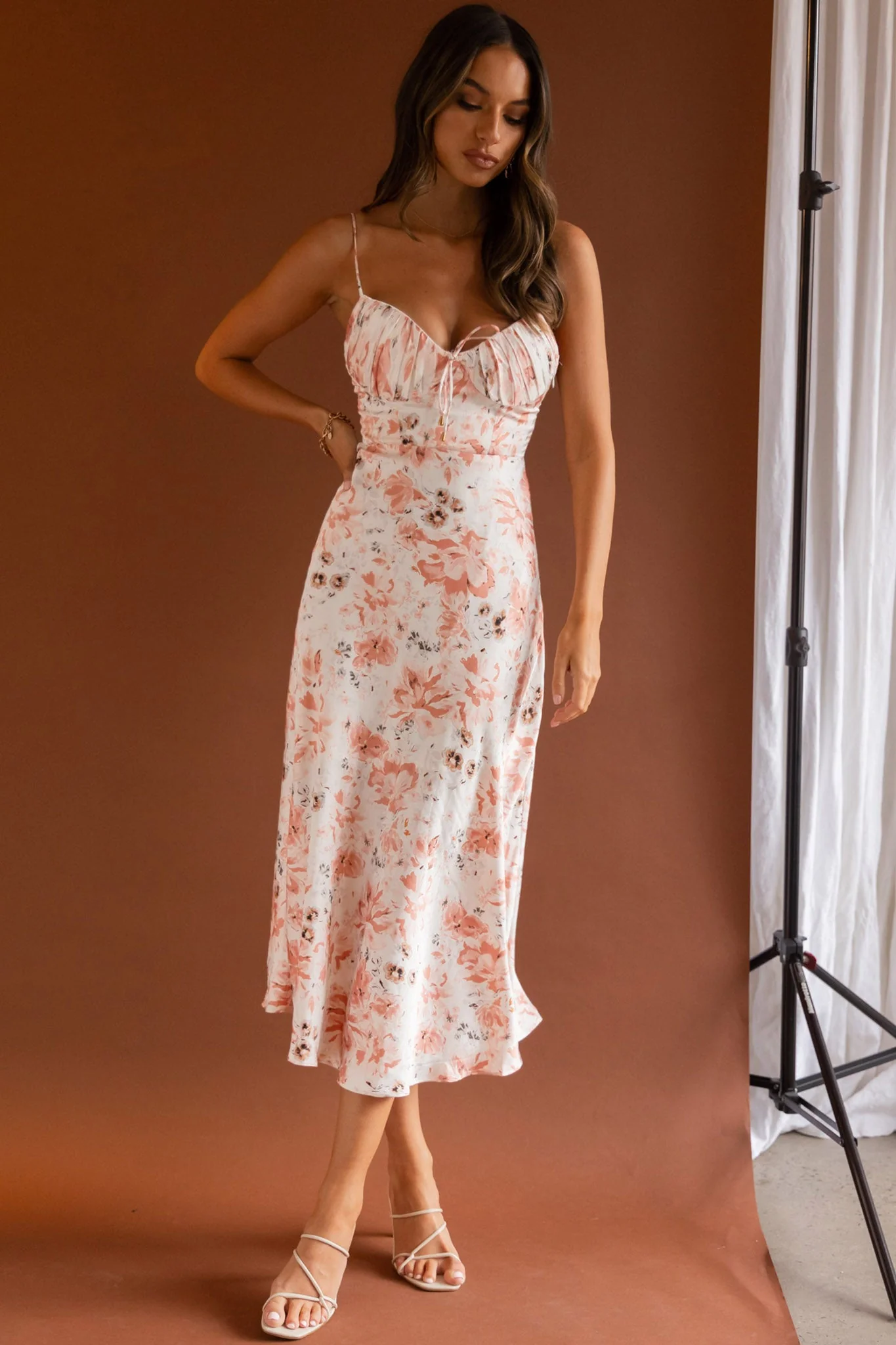 Malibu Gathered Bust Cami Strap Midi Dress Floral Pink - Image 6