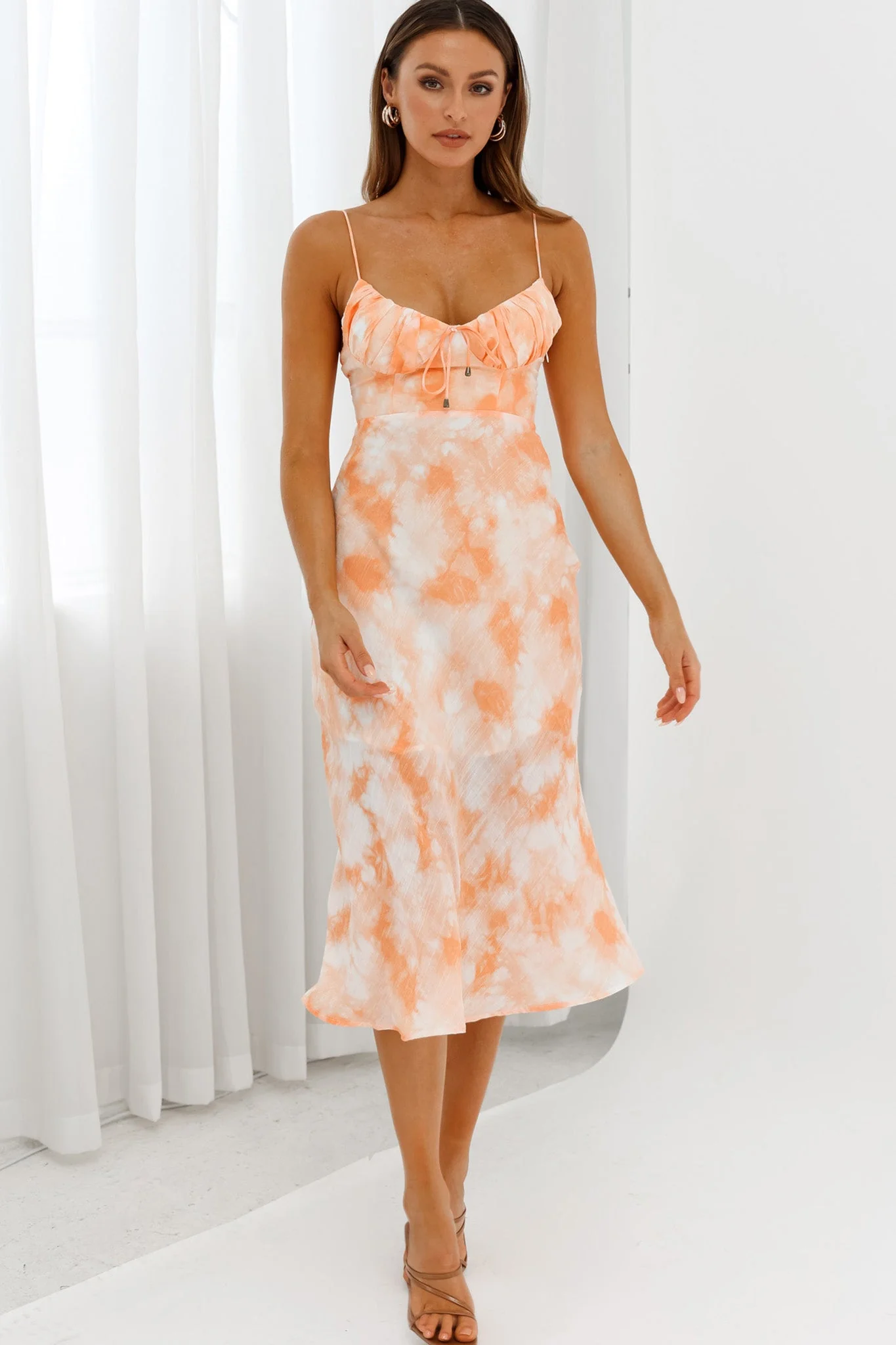Malibu Gathered Bust Cami Strap Midi Dress Tie-Dye Orange - Image 5