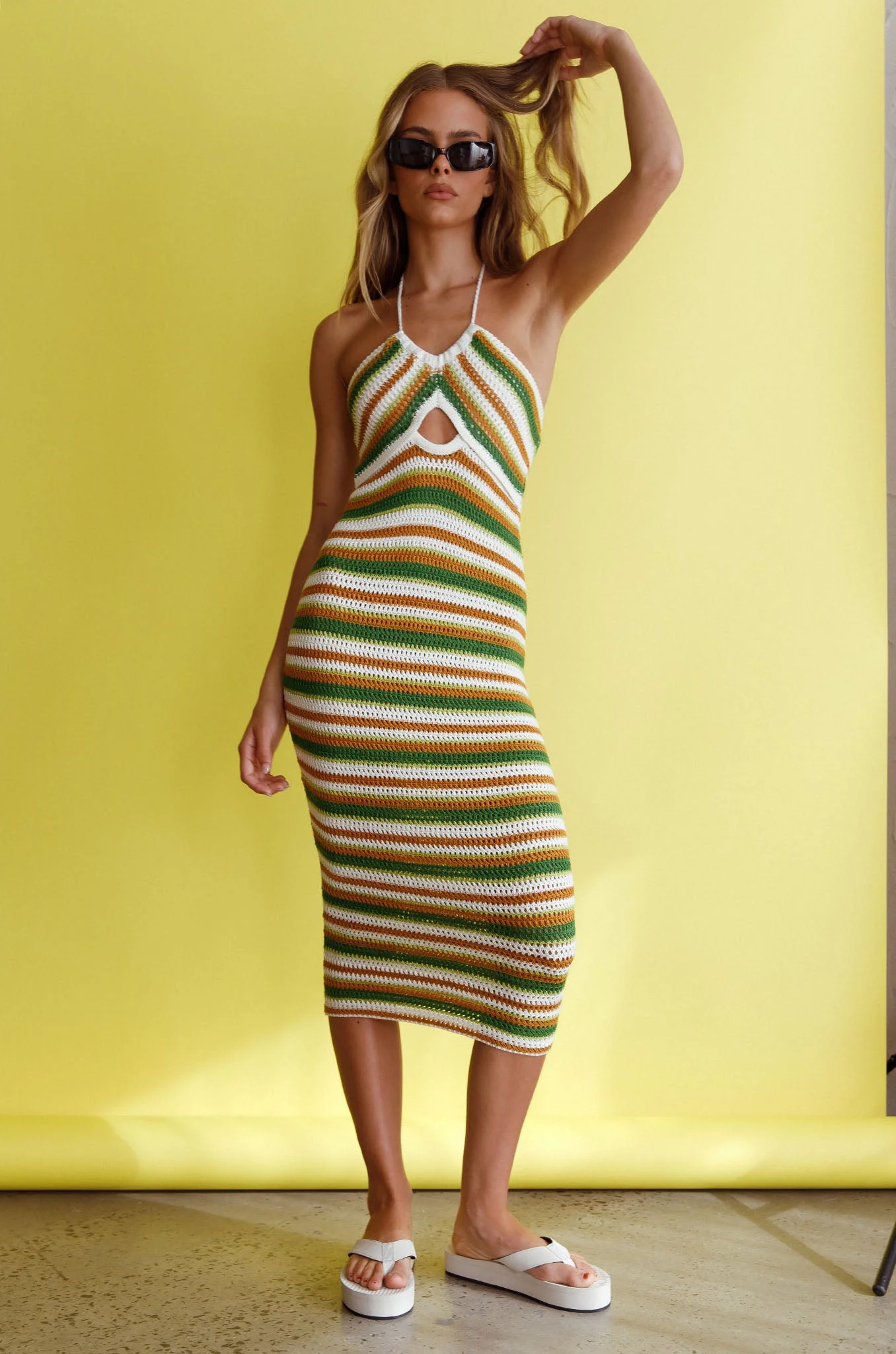 Malibu Nights Halterneck Knit Midi Dress Striped Olive - Image 2