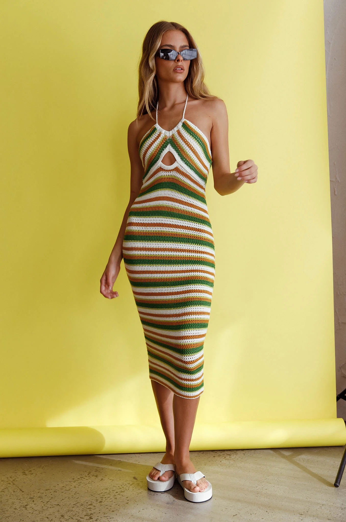 Malibu Nights Halterneck Knit Midi Dress Striped Olive - Image 7