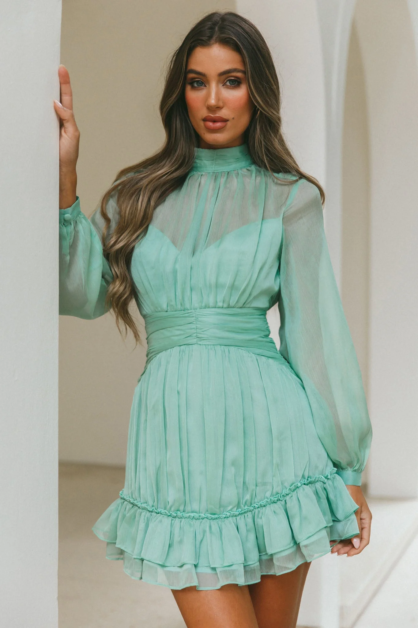 Mandalay High Neck Long Sleeve Waistband Dress Sage - Image 4