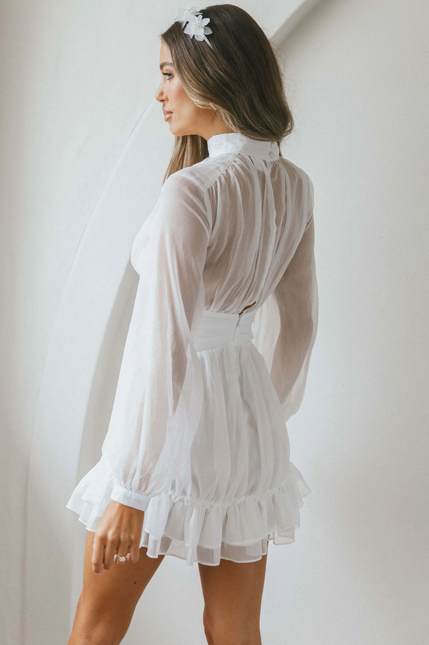 Mandalay High Neck Long Sleeve Waistband Dress White - Image 2