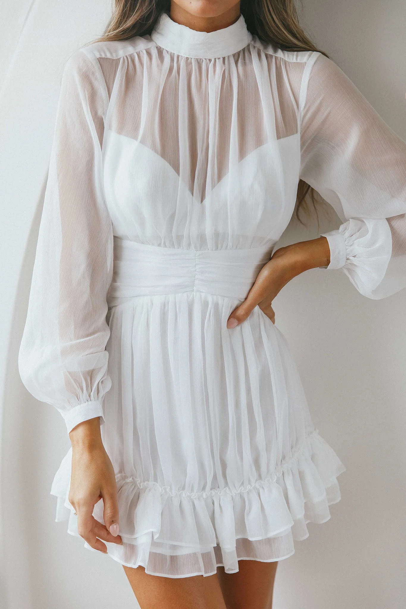 Mandalay High Neck Long Sleeve Waistband Dress White - Image 4