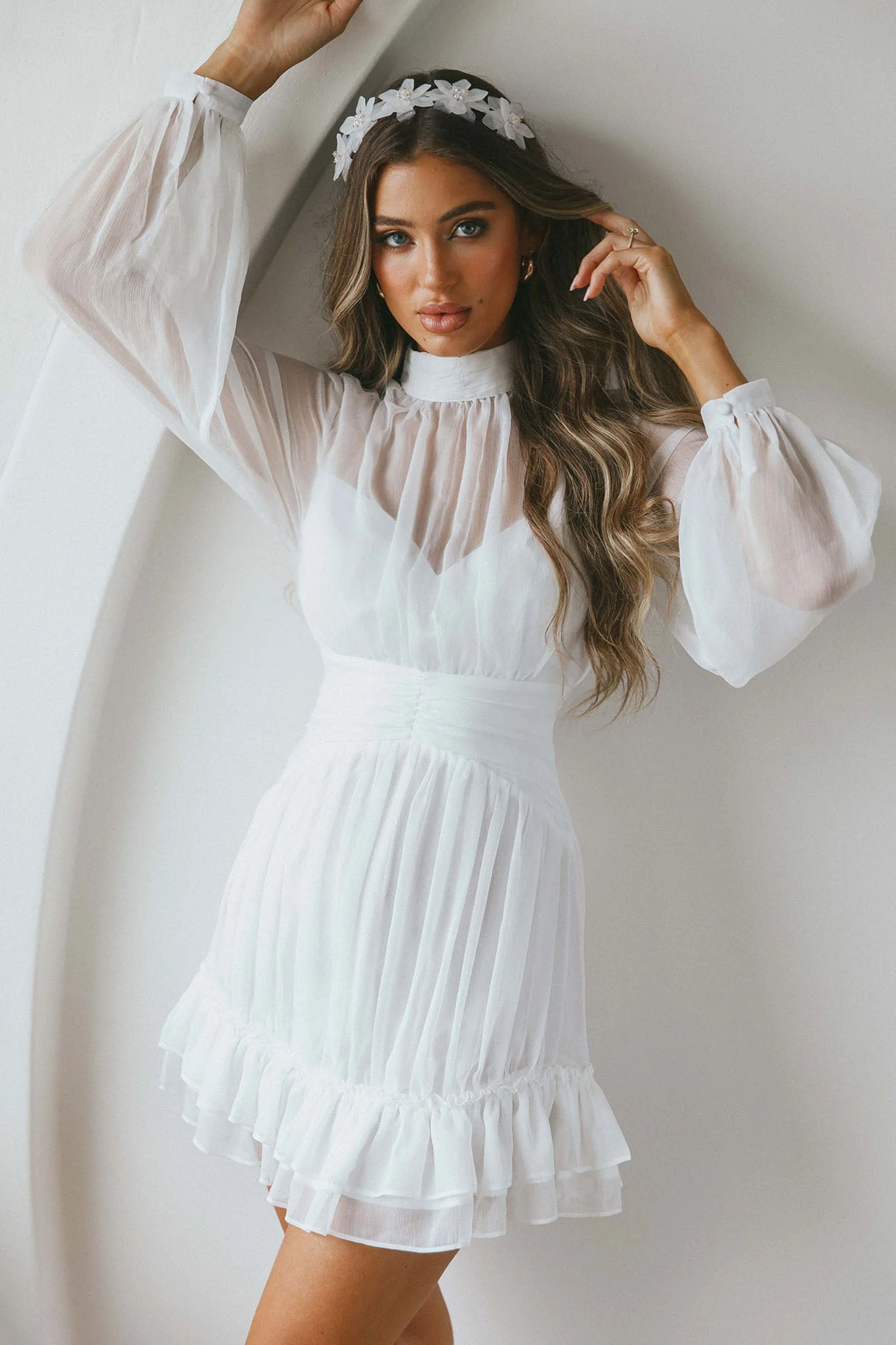 Mandalay High Neck Long Sleeve Waistband Dress White - Image 6