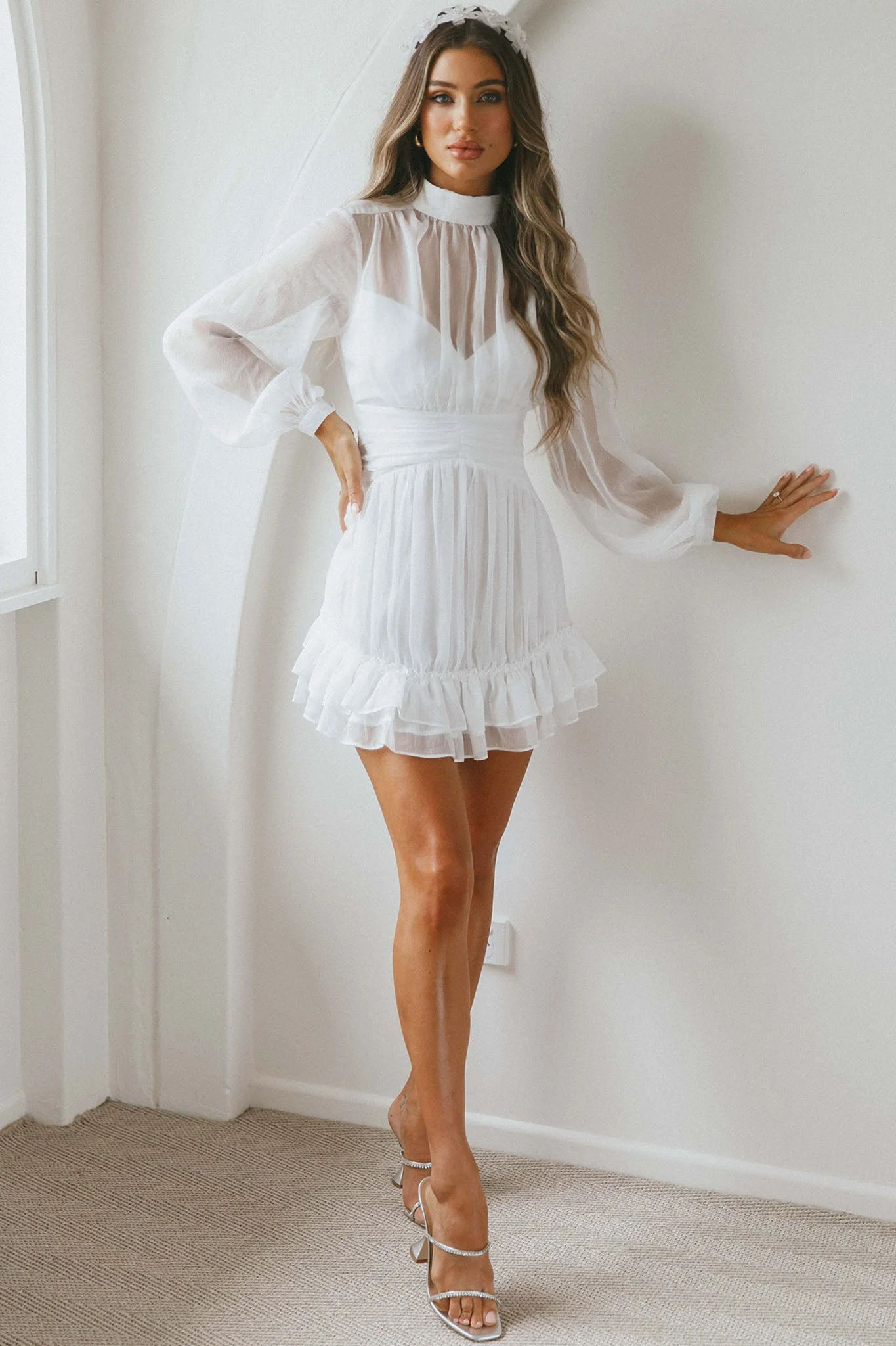 Mandalay High Neck Long Sleeve Waistband Dress White - Image 7