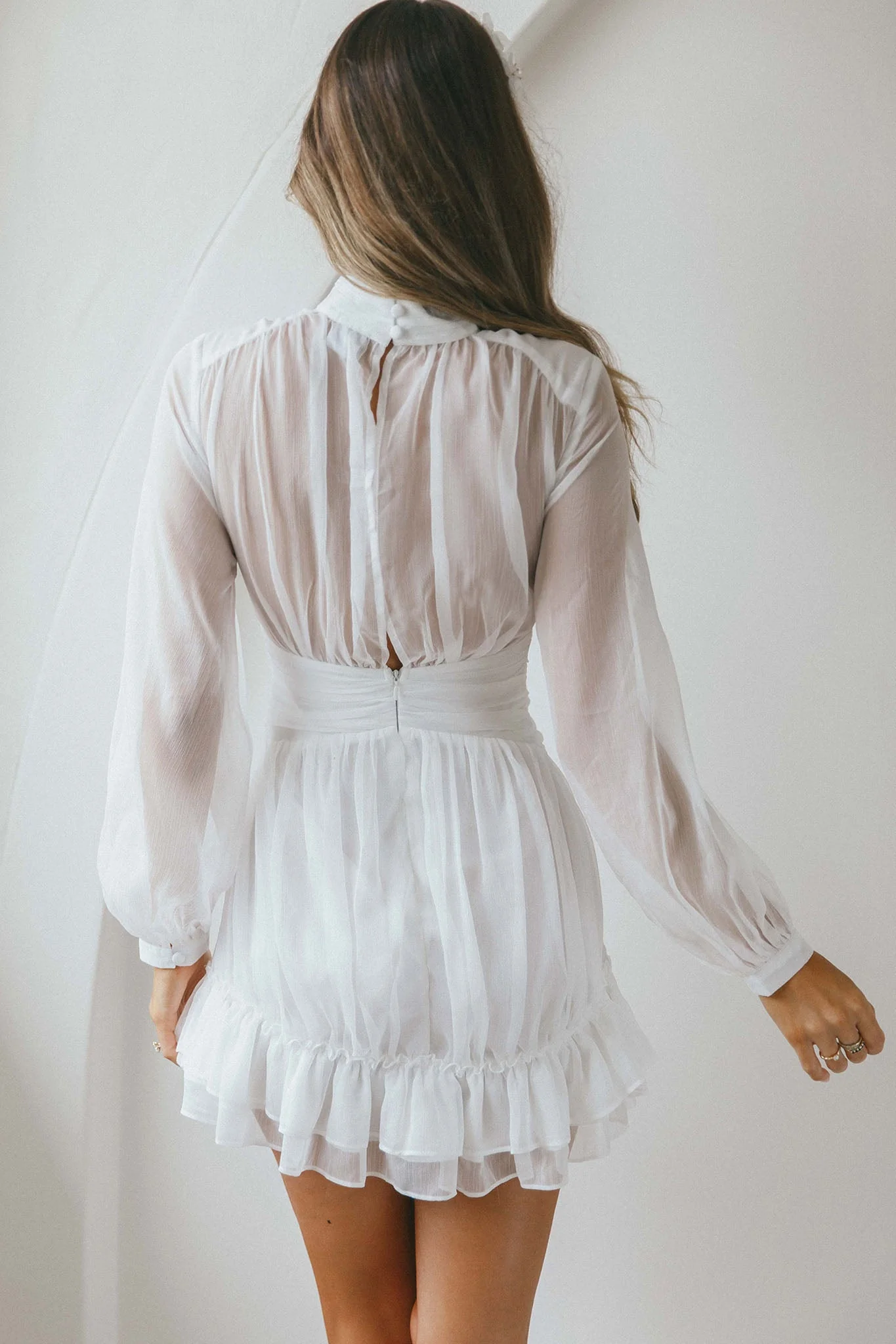 Mandalay High Neck Long Sleeve Waistband Dress White - Image 8