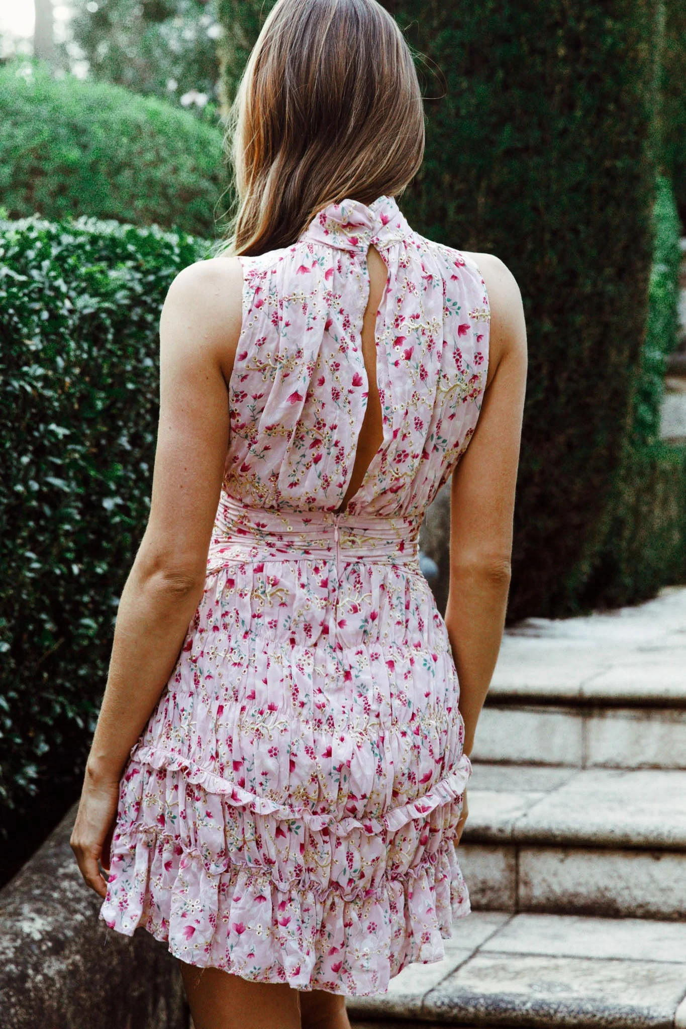 Mandalay High Neck Sleeveless Waistband Dress Floral Print Pink - Image 2