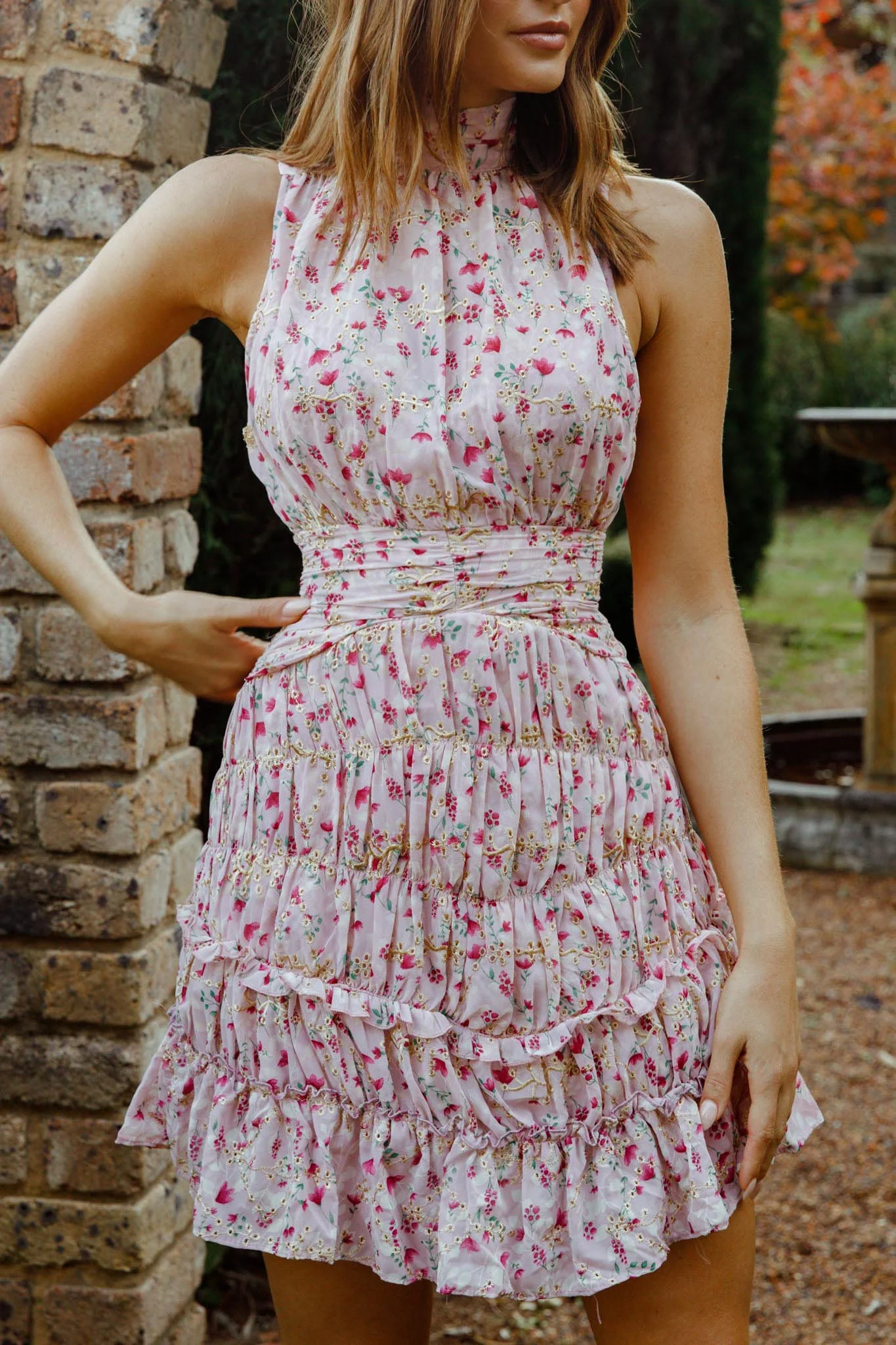 Mandalay High Neck Sleeveless Waistband Dress Floral Print Pink - Image 4