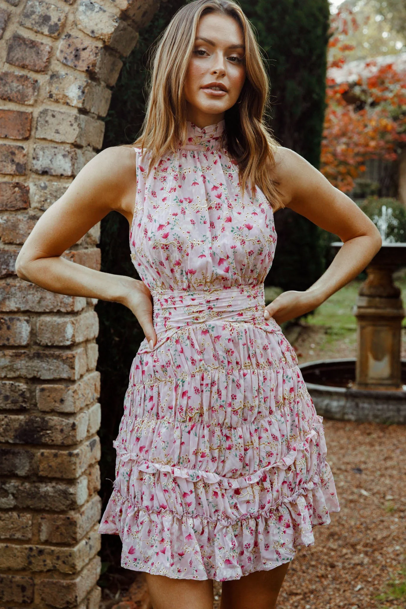 Mandalay High Neck Sleeveless Waistband Dress Floral Print Pink - Image 8