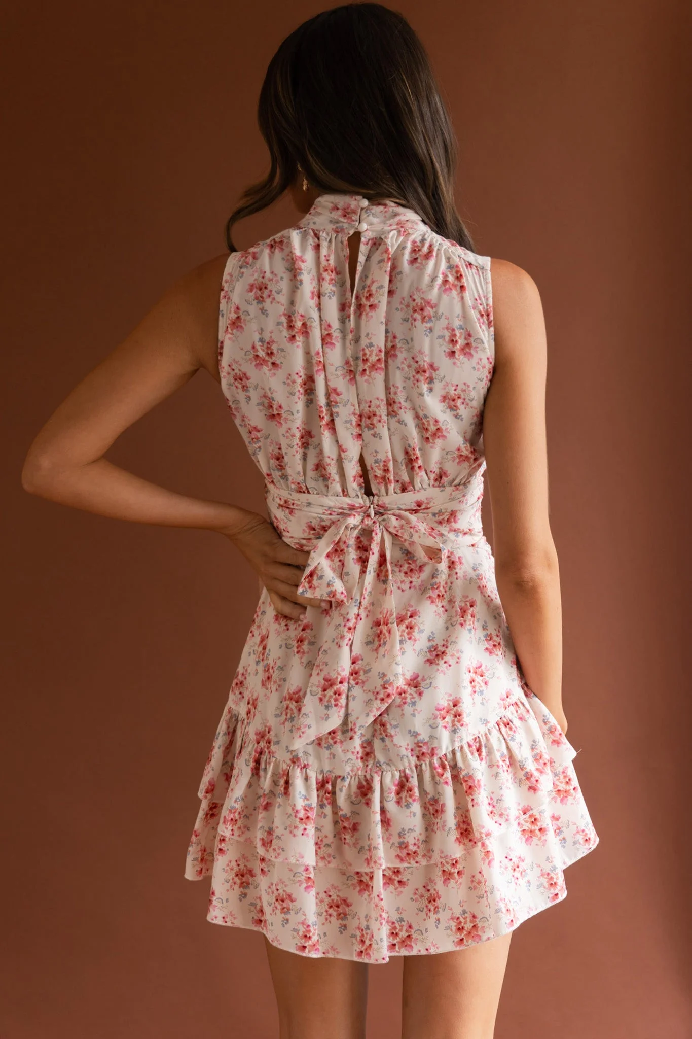Mandalay High Neck Sleeveless Waistband Dress Vintage Floral Pink - Image 2